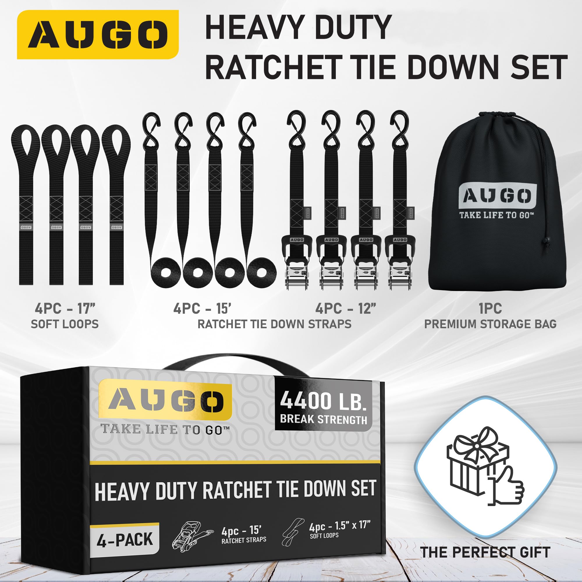 AUGO Pasy zapadkowe AUGO Heavy Duty, 2 szt. 1,5” x 15’, wytrzymałość 4400 lb, haki S z blokadą, + 2 miękkie pętle, do motocykli, quadów i transportu ładunków.