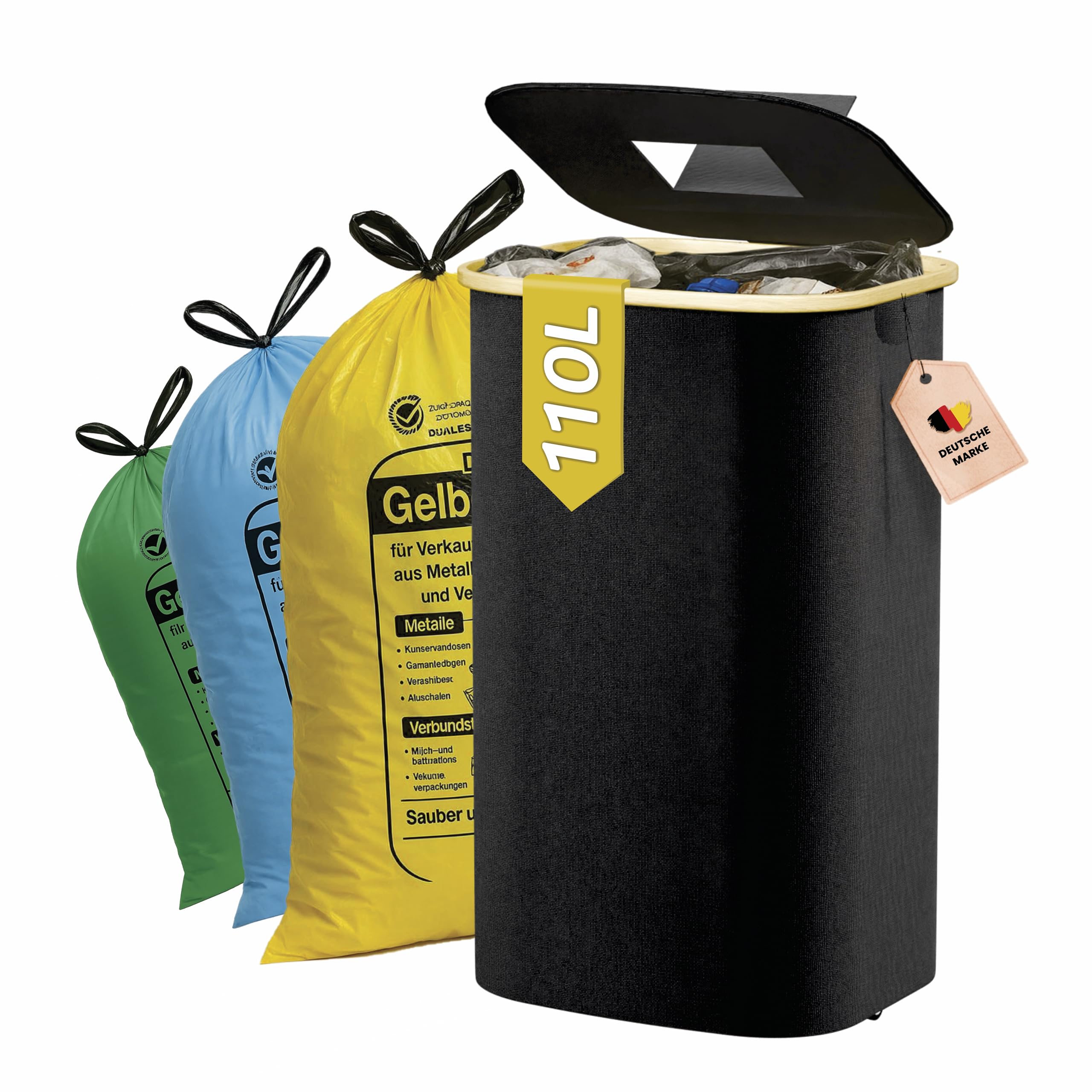 Soporte para bolsas de basura de color amarillo, 90 – 120 l con tapa y bolsa interior lavable, extra grande para cocina, garaje y hogar, cubo de basura estable para separar los residuos
