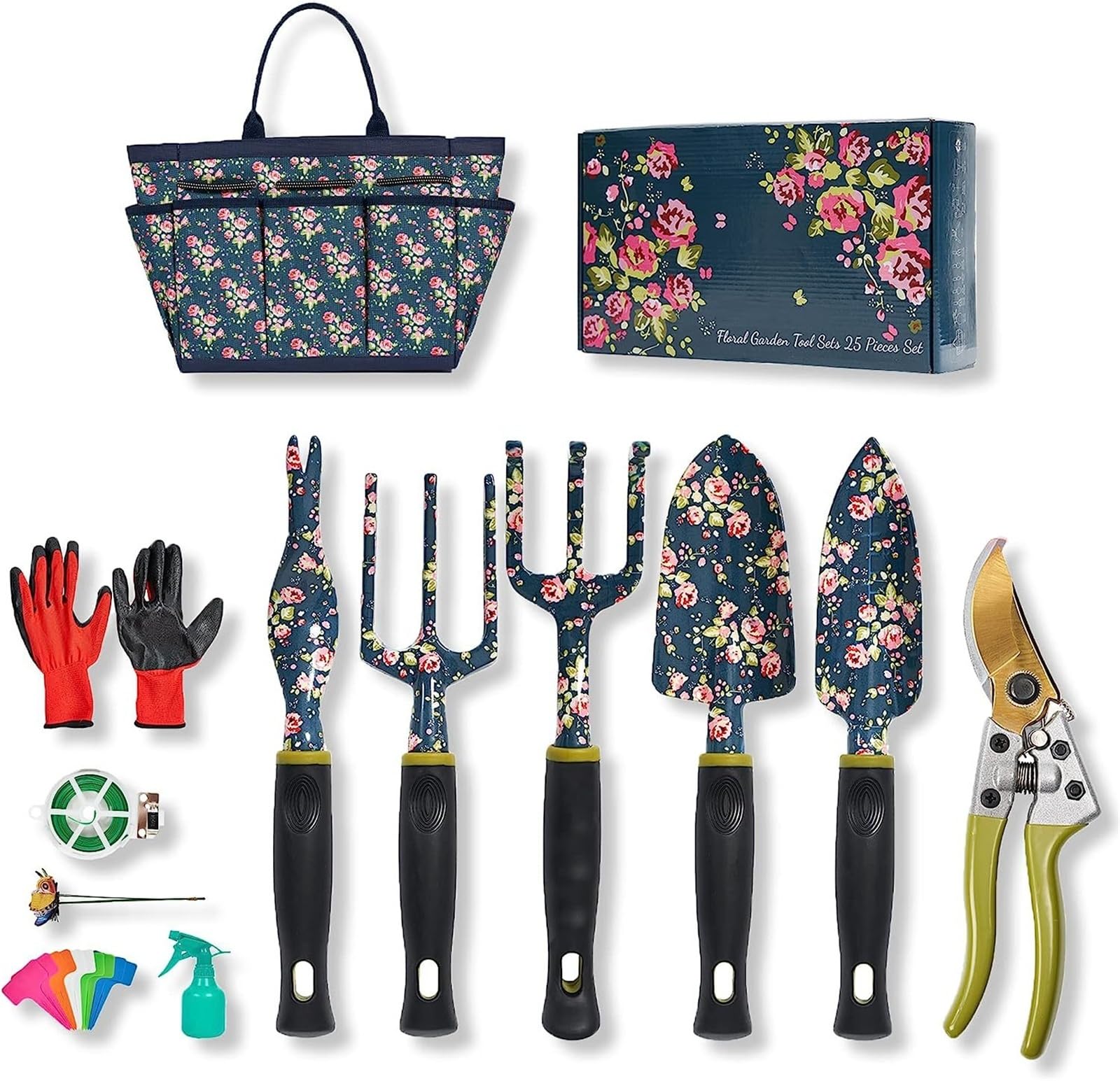 Gartengeräte-Set Damen - 25 Stück Robuste Gartengeräte Langlebige Gartenwerkzeugtasche, Gartengeschenke für Frauen