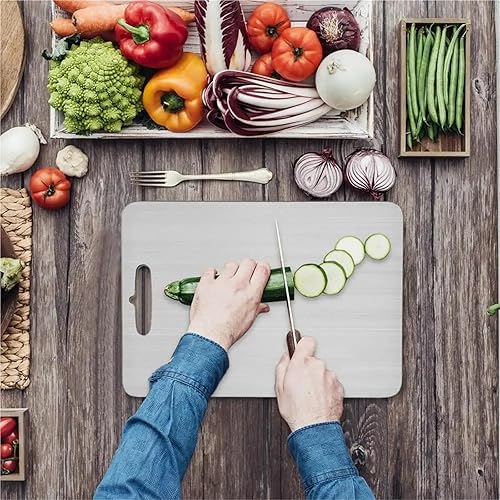 Miniatura 4 de Tabla de cortar de acero inoxidable 304 de acero grueso de doble cara grado alimenticio portátil para cortar carne de frutas (15.4 in x 11.0 in)