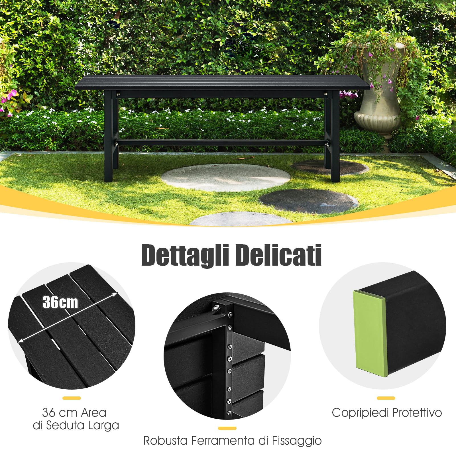 COSTWAY Panchina da Esterno con Sedile HDPE, Panca da Giardino con Telaio in Metallo Verniciato a Polvere, Panchina da Giardino, Parco e Balcone, Portata 300 kg, 120 x 36 x 40,5 cm (Black)