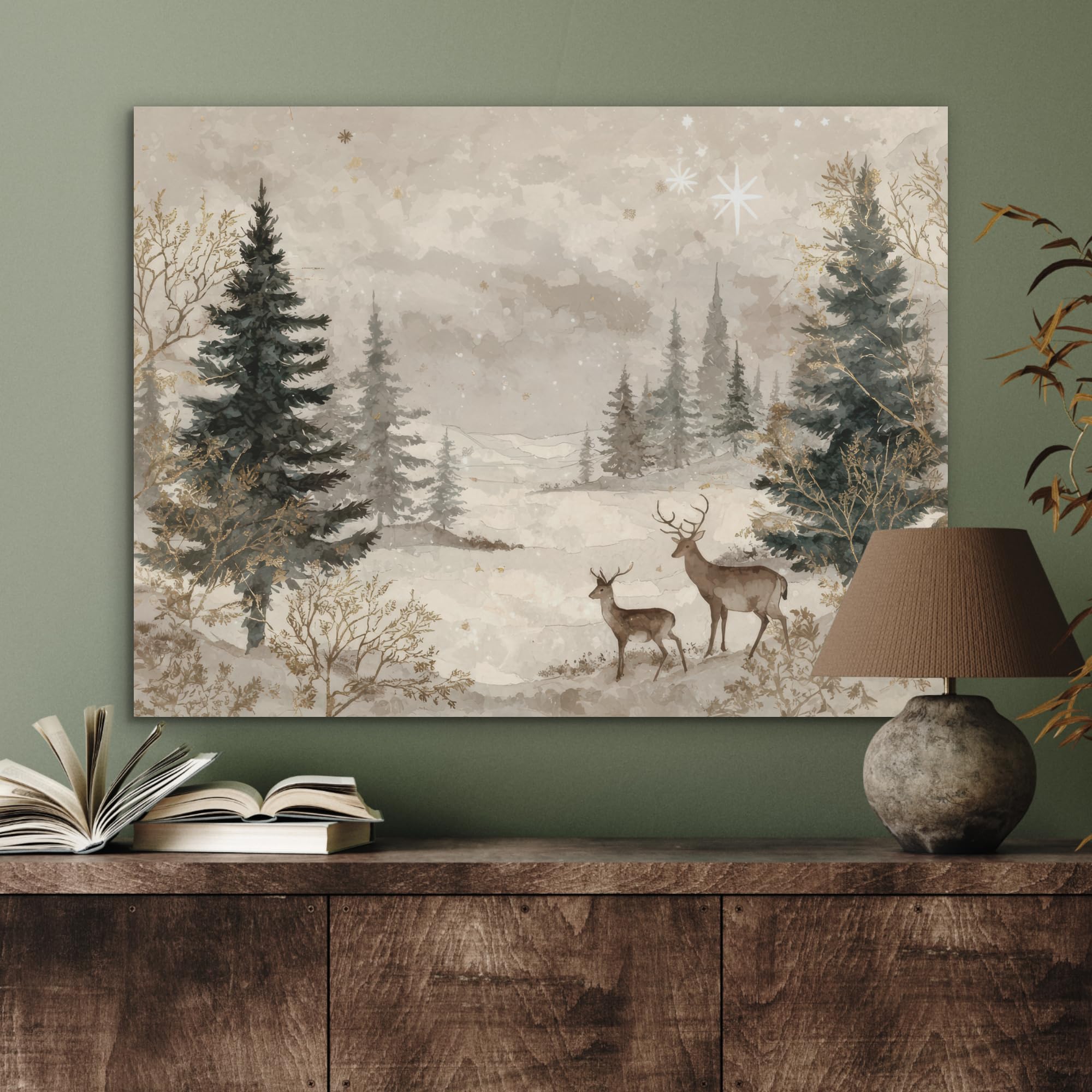 MuchoWow© Pannello Feltro Camera Letto Arredo Soggiorno Parete Moderna | 80x60 cm - Cornice Casa Elegante Decorazioni Natilizie Foresta - Cervo - Inverno - Neve