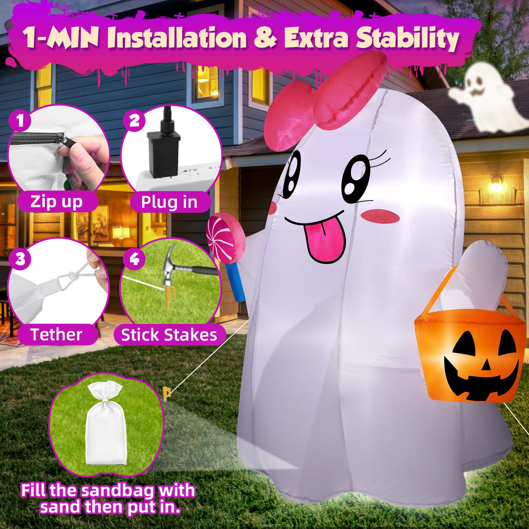 zukakii 5FT Halloween Inflatables Ghost, Cute Halloween Decorations Outdoor Blow Up Yard Decorations with Built-in Bright LED Lights Pumpkin Lollipop Bow Blow-ups for Indoor Outdoor Holiday Party