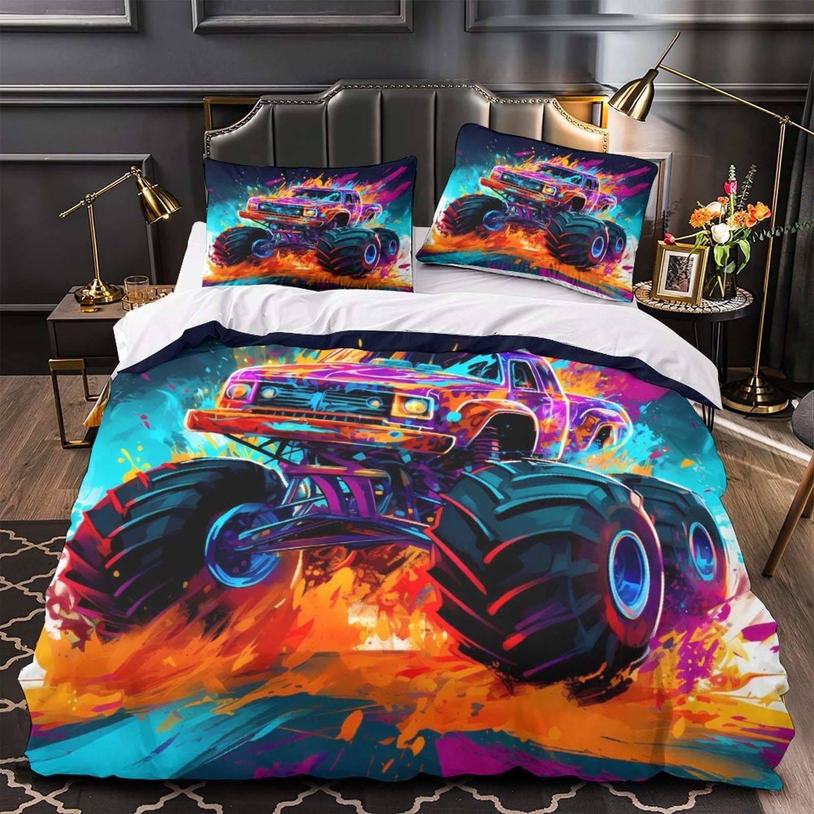 Housse de couette monstertruck avec fermeture éclair pratique pour lit enfant