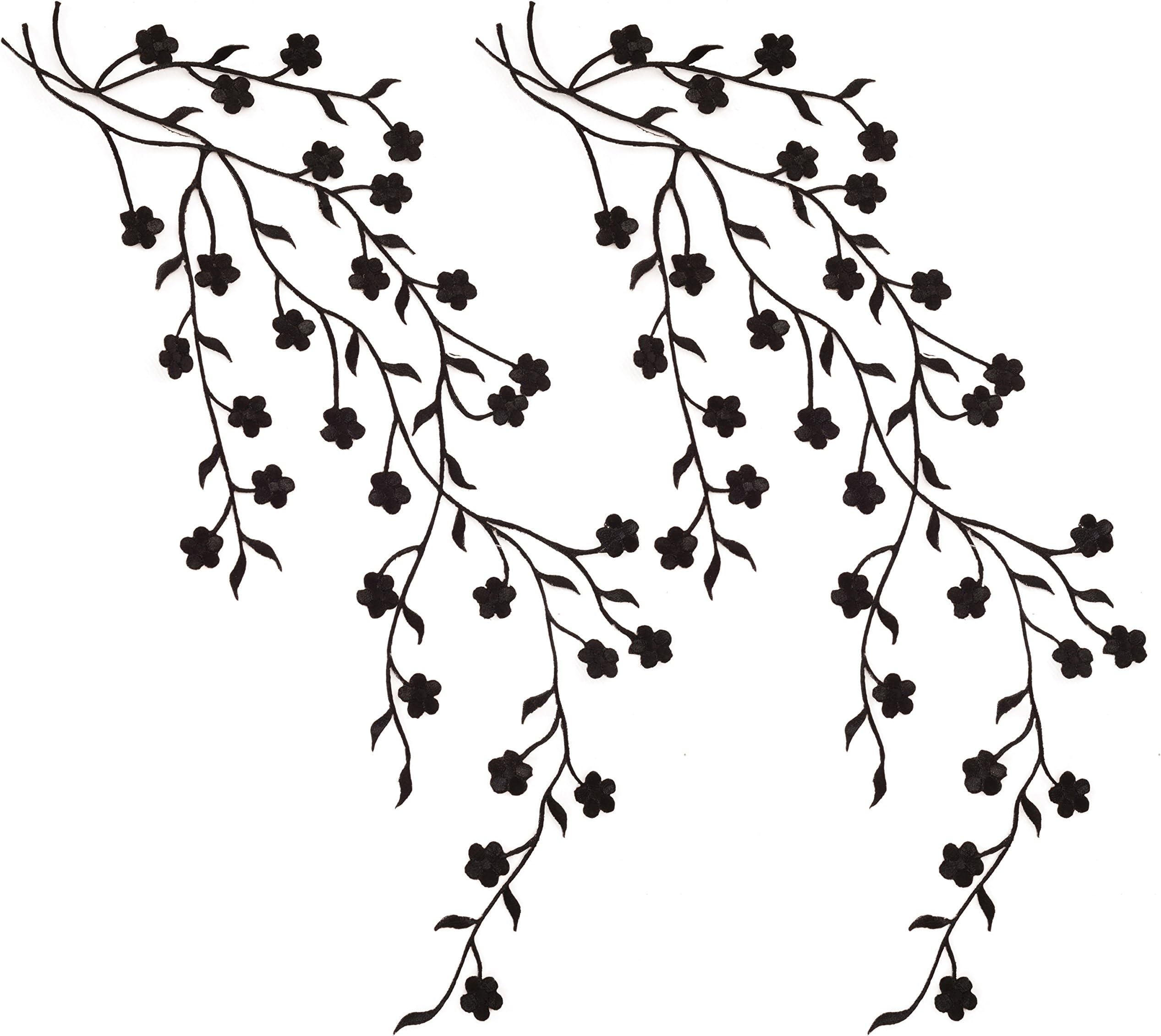 TWO Big Flower Leaf Vines Embroidery Applique Patch, Plum Blossom Flower Patch, Iron on Applique, Flower Applique Patch (Black)