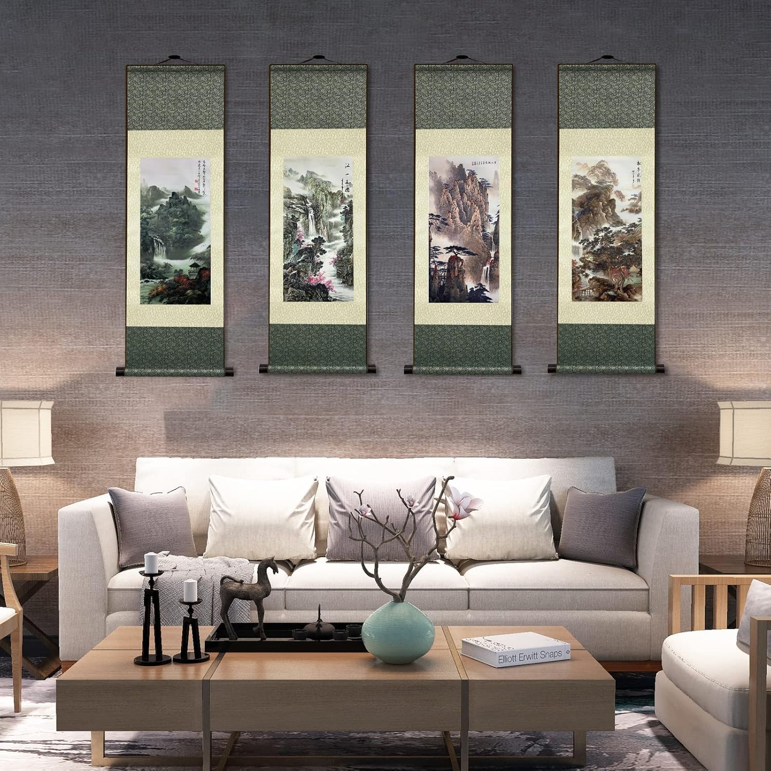 AtfArt Seta Asiatica Decorazione Della Parete - Jiang Shan Duo Jiao Fiume Paesaggio - Bella Arte Cinese Da Parete - Arredamento Orientale (91x30 cm)
