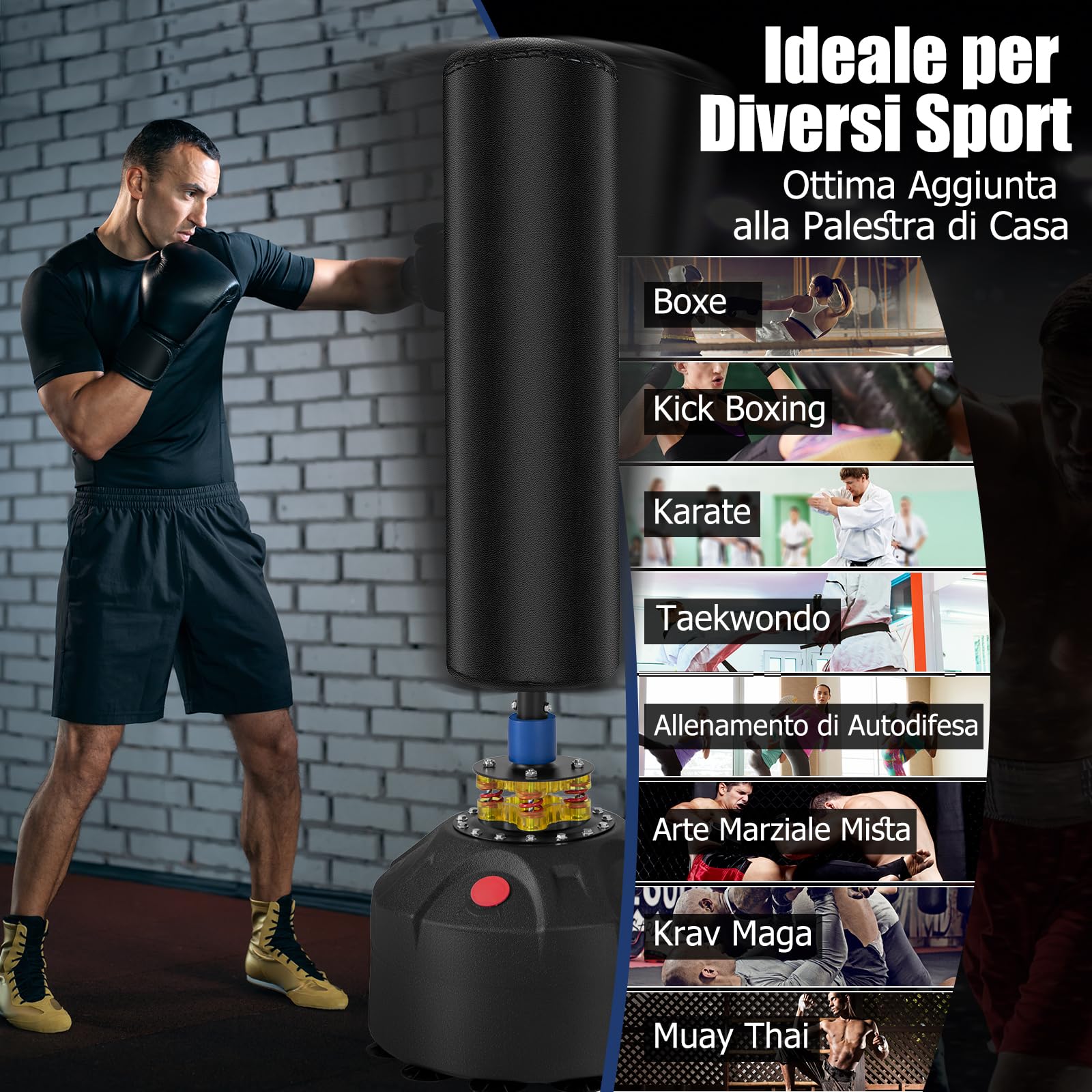 GYMAX Sacca da Boxe Autoportante con Guantoni da Boxe 173 cm-90 kg, Sacca da Boxe Pesante con Base a Ventosa per Adulti, Giovani e Adolescenti, Sacca da Kickboxing per MMA Muay Thai Fitness