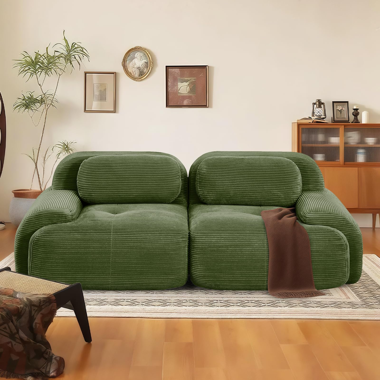 81" Corduroy Modern Sectional Couch, Deep Seat Sofa, No Assembly, Green