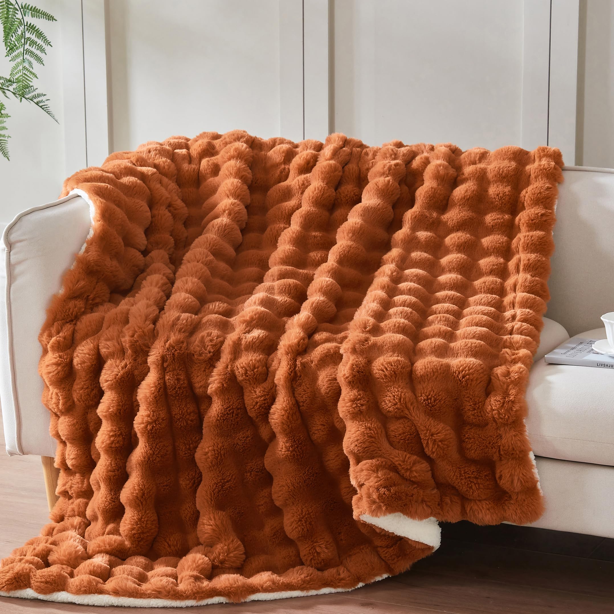 50x60 Inches Ultra-Soft Fuzzy Faux Fur Plush Throw Blanket - Thick, Warm Sherpa for Couch, Sofa, Bedroom, Camping - Decorative Blanket for Cozy Warmth, Bubble Brown