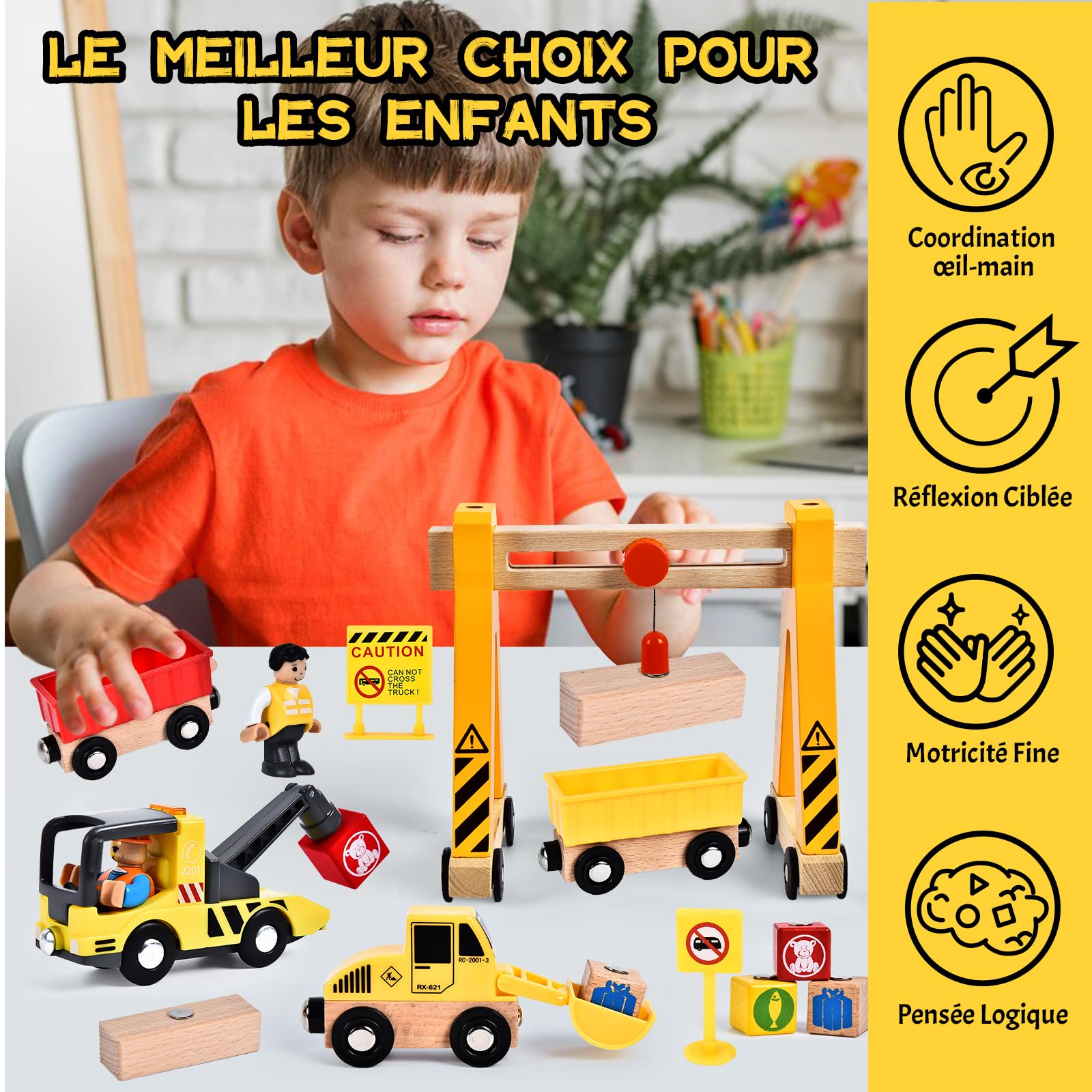 Herenear Véhicule Chantier Jouet en Bois, Voiture Jouet avec Grue à Portique, Excavateur, Grue, Rouleau Compresseur, Cadeau Jeu Educatif pour Enfants Garçon Fille 3+ Ans