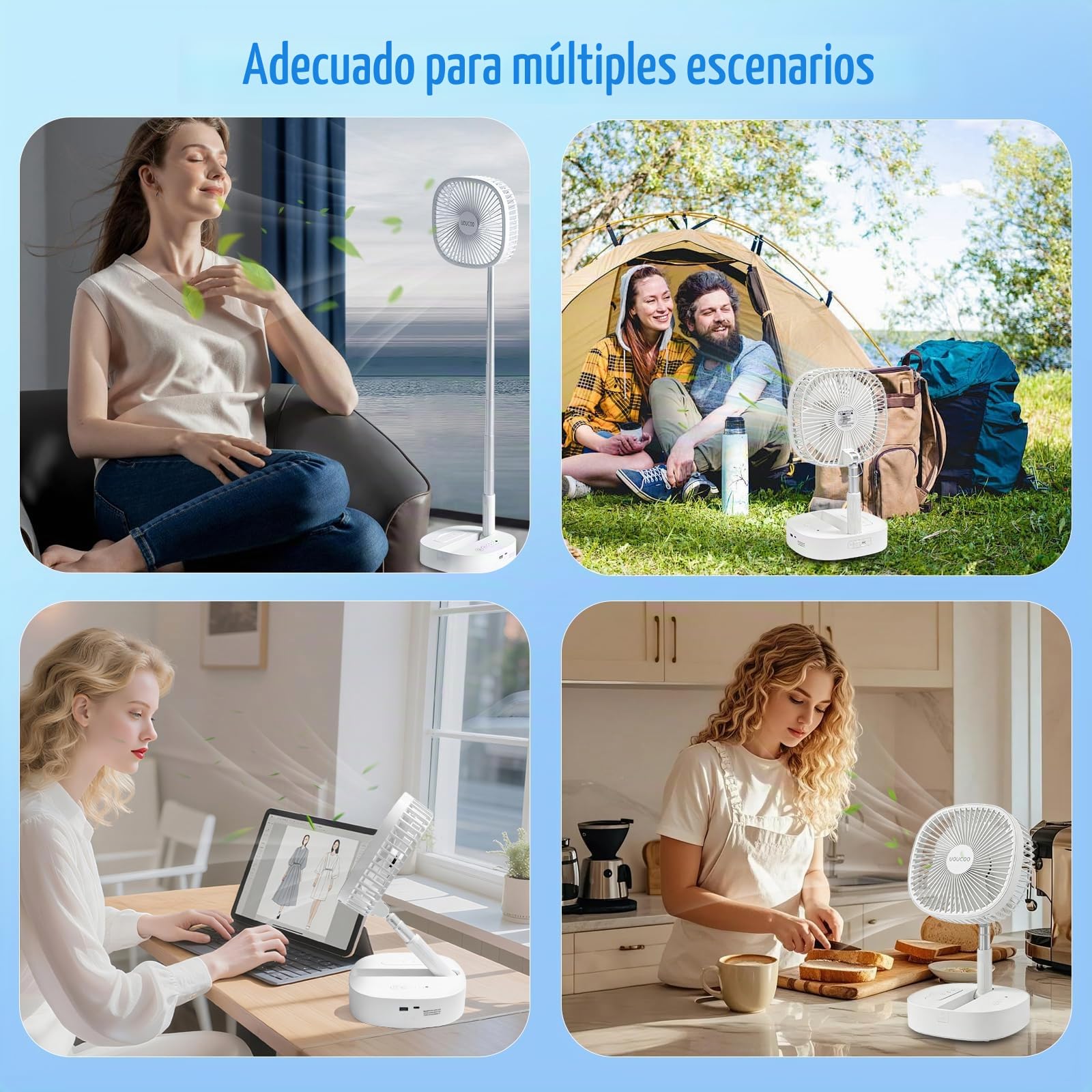 Ventilador de pie oscilante portátil, ventilador de pedestal plegable de 9 pulgadas, batería recargable de 7200 mAh, ventilador de suelo alimentado por USB, altura ajustable, 4 velocidades