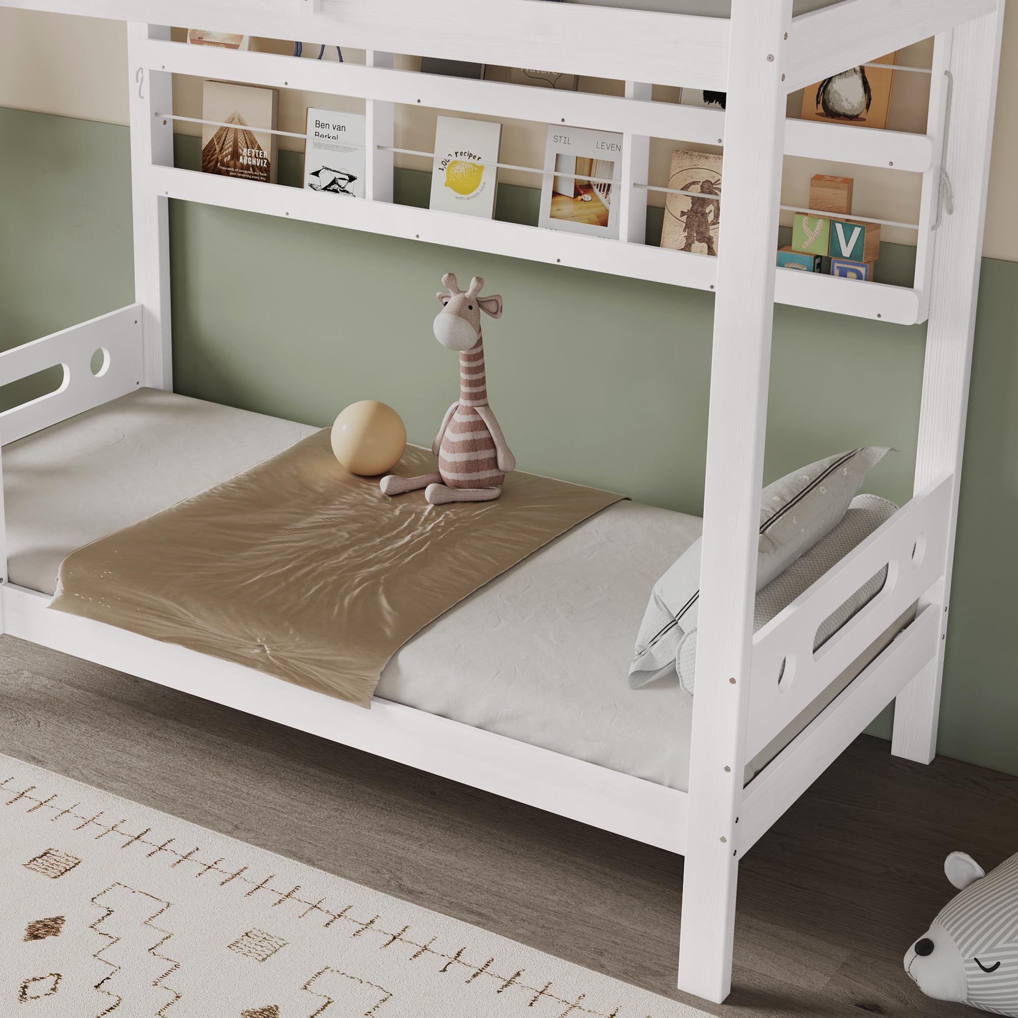 Azkoeesy Letto a castello con libreria per ragazzi e adulti, colore bianco, 90x200 cm - con sponda e doghe - legno di pino - portata massima 120 kg