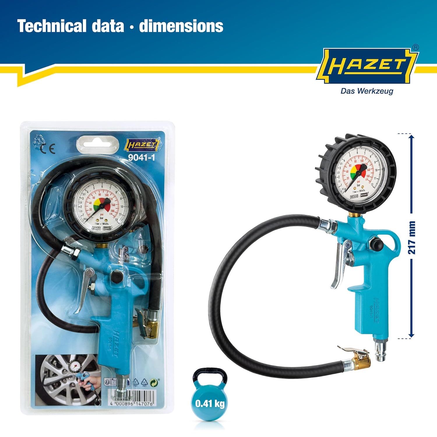 HAZET Tire Pressure Gauge 9041-1 I Pressure Gauge Measuring Range: 0-174 Psi, Hose Length: 15.75 Inches, Pressure Gauge Diameter: 2.48 Inches I Tire Pressure Gauge for Cars