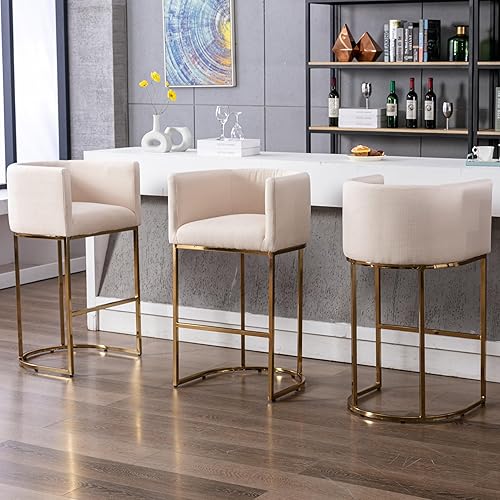 Miniatura 47 de Juego de 4 taburetes de bar contemporáneos de lino color crema, de 32 pulgadas, de tela tapizada, altura de mostrador, taburetes de cocina con base