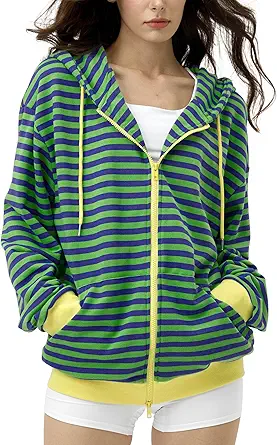 FAIABLE Striped Zip Up Hoodie Women Oversized Sweatshirt Hoodies Zipper Sweaters Pullover Cotton Vintage Preppy Shirt Outfits