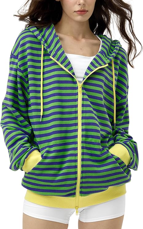 FAIABLE Striped Zip Up Hoodie Women Oversized Sweatshirt Hoodies Zipper Sweaters Pullover Cotton Vintage Preppy Shirt Outfits