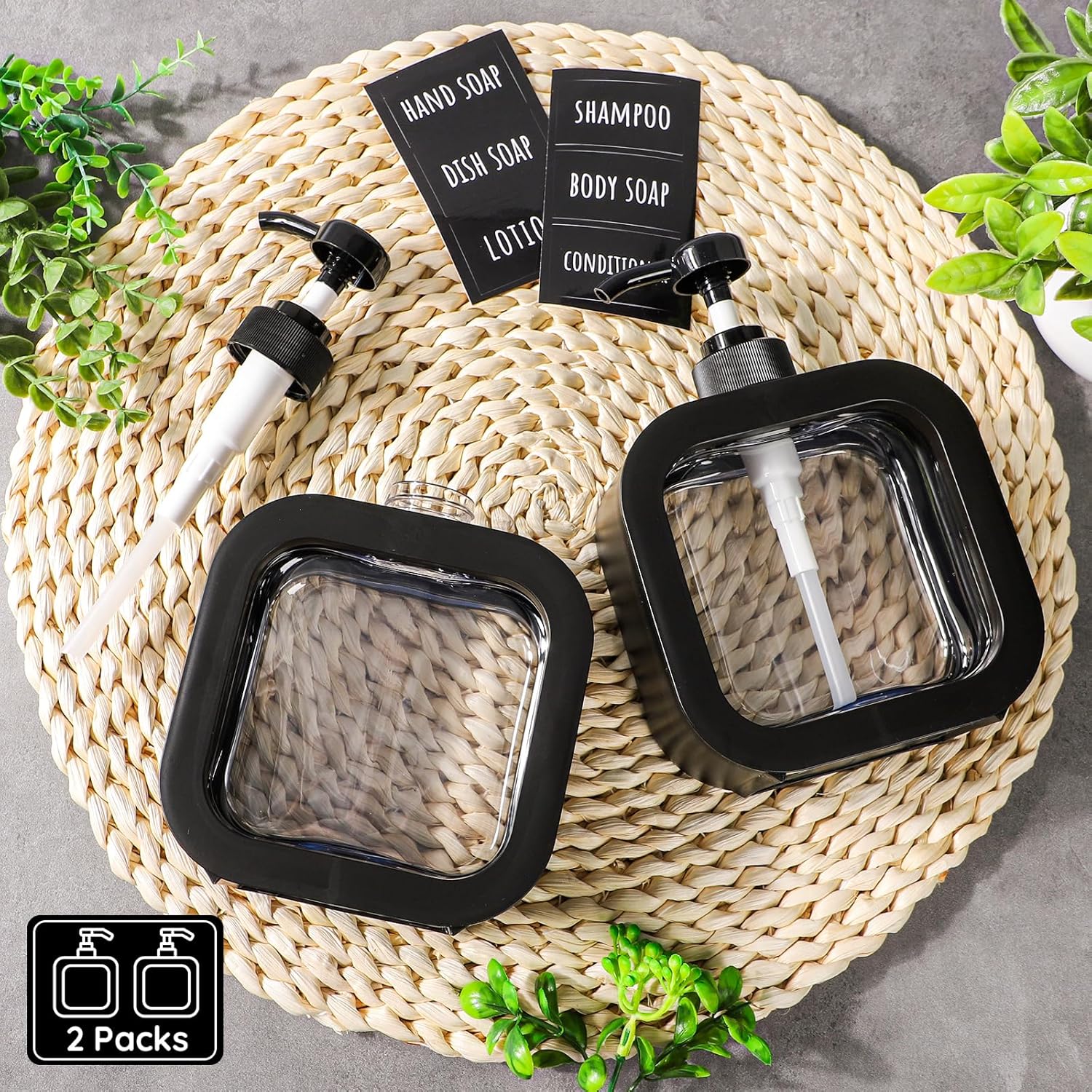 Segbeauty 2pcs 16.9oz Refillable Hand Soap Dispenser, 500ml Leak-Proof Liquid Soap Dispenser for Bathroom, Dish Soap Dispensers for Kitchen Sink, Black Empty Plastic Shampoo Pump Bottle with Labels - Image 6