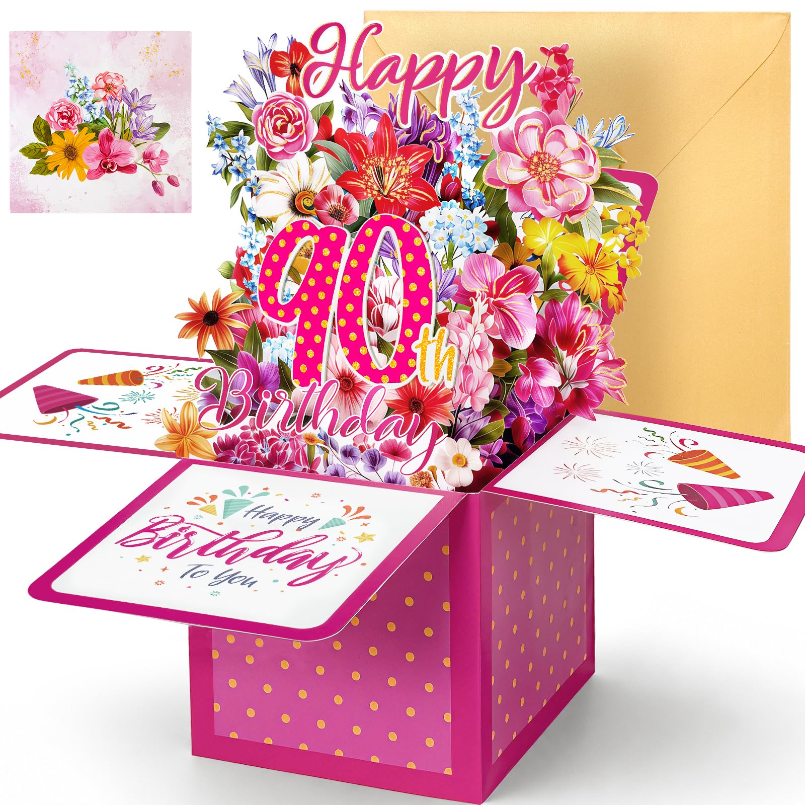 90th Birthday Card, Flowers Pop Up Happy 90th Birthday Cards for Women