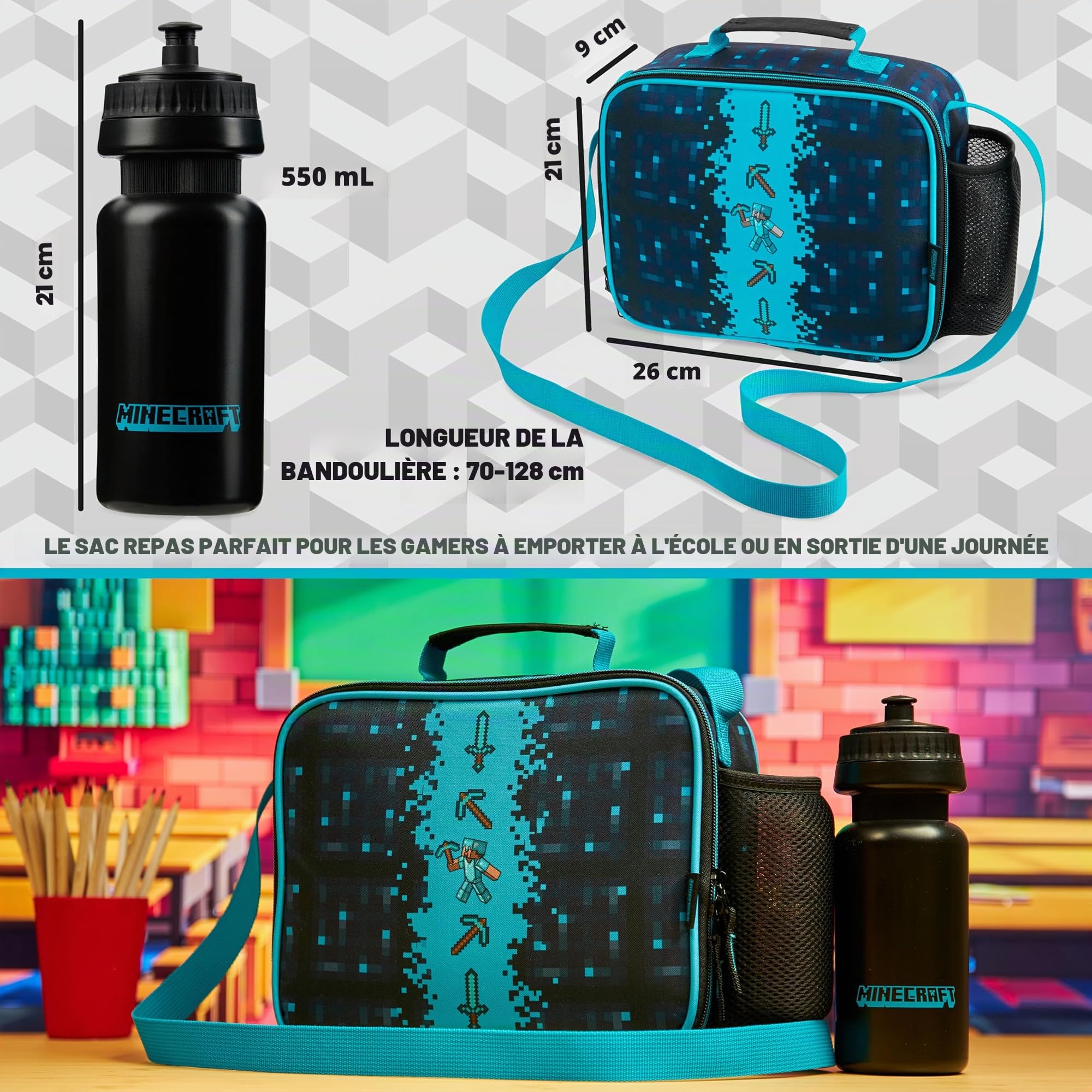 Minecraft Sac Isotherme Repas Enfant Lunch Bag pour l'École ou les Voyages Options avec Bouteille D'eau Cadeau pour Enfant (Bleu/Noir)