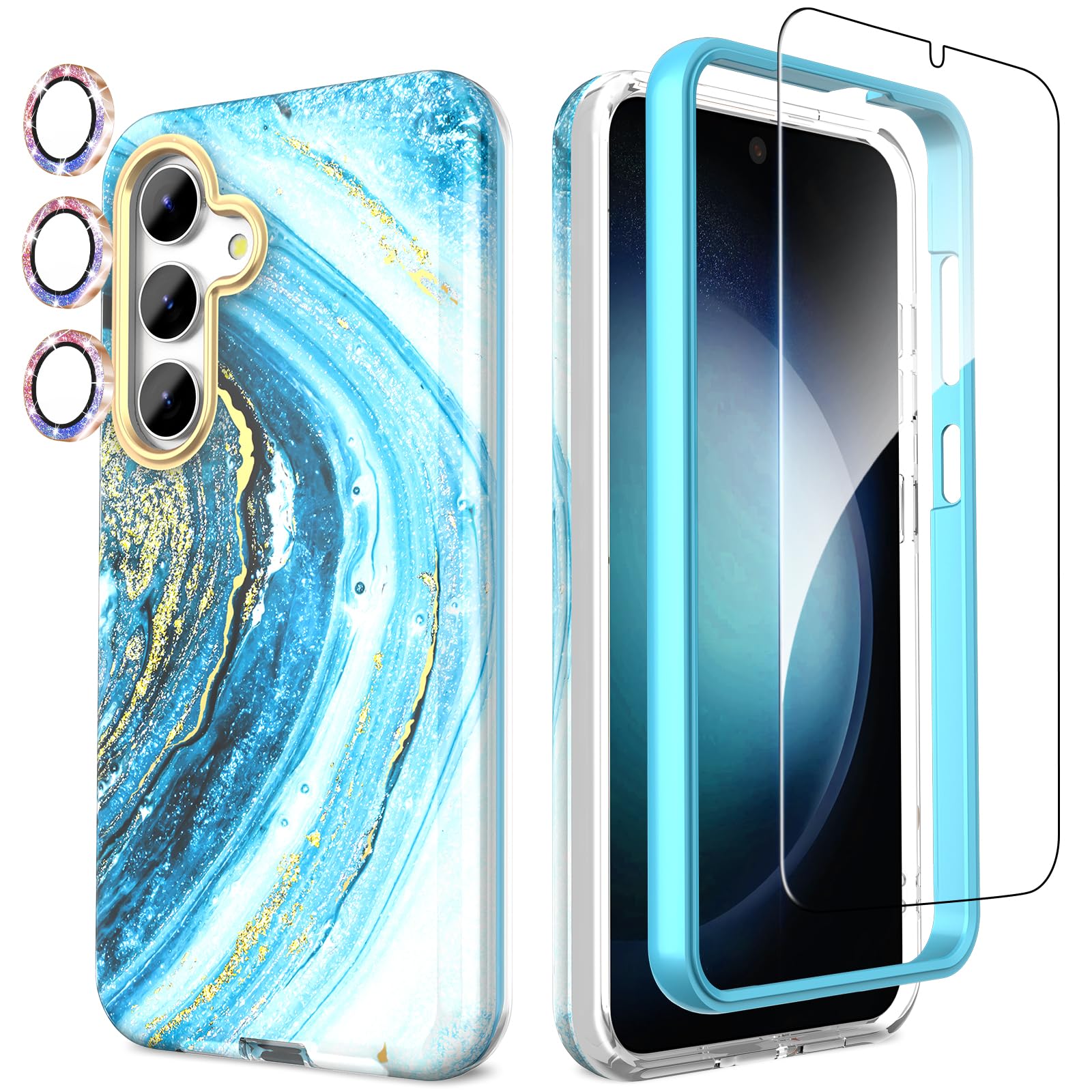 Cover IPhone 15 SHEDEER 4 In 1 - Glitter, Vetro Temperato, Protezione Marmo