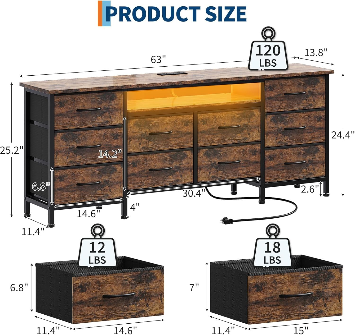 CABIHOME 63 Inch 10-Drawer Dresser with LED Lights & Power Outlets, Wide Fabric Dresser for Bedroom, Long Storage Chest & TV Stand for Living Room, Holds TVs Up to 75", Brown