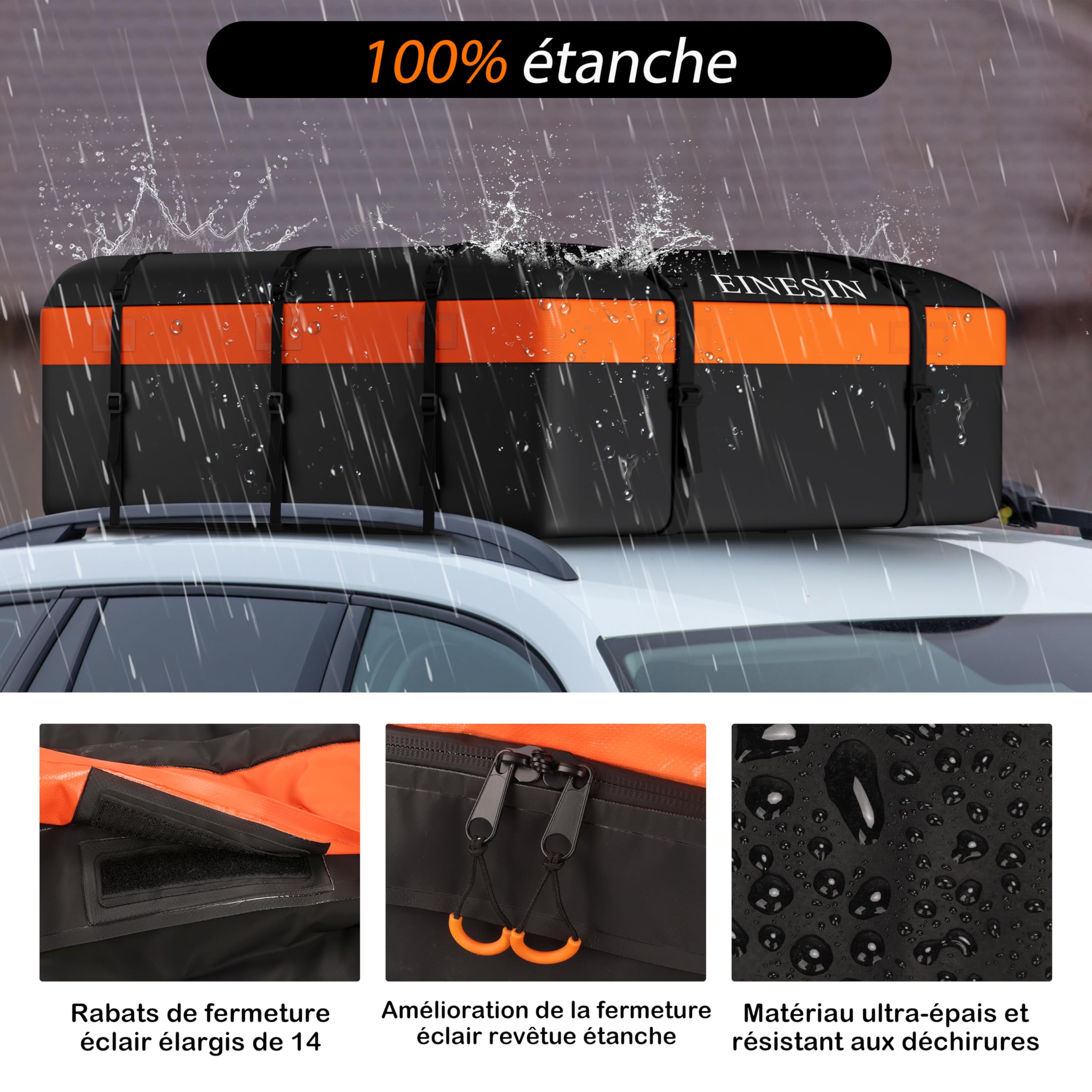 Einesin Coffre de Toit Voiture Étanche, Coffre de Toit Voiture étanche 1000D Oxford avec 10 Sangles et 7 Crochets pour Véhicules avec/sans Porte-Bagages Transport De Bagages (105x90x45cm)