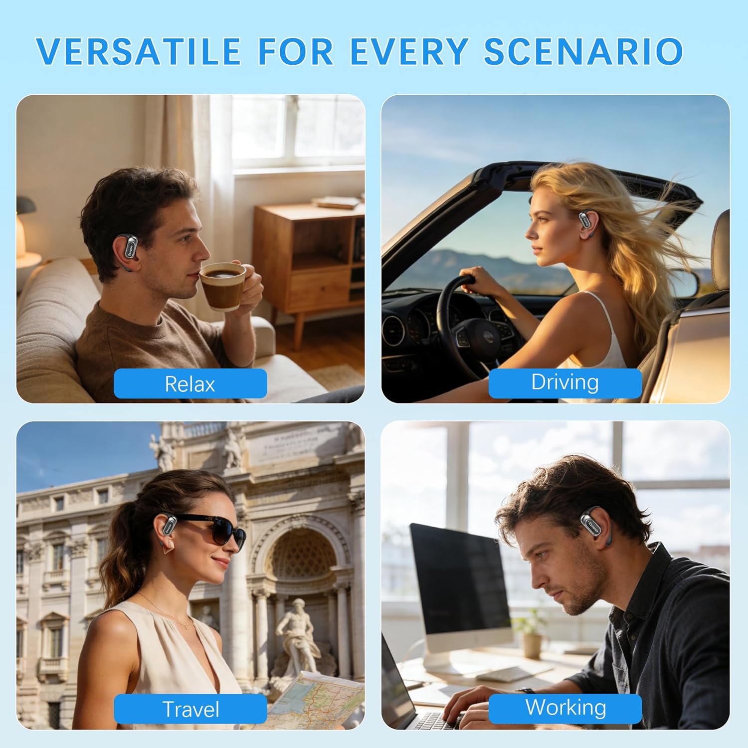 Open Ear Earbuds Wireless Ear Hooks Headphones, Ultra Lightweight Powerful Stereo Sound 35H Playtime Bluetooth 5.4 Dual Device Sync AI Clear Calls Waterproof for Small Ears