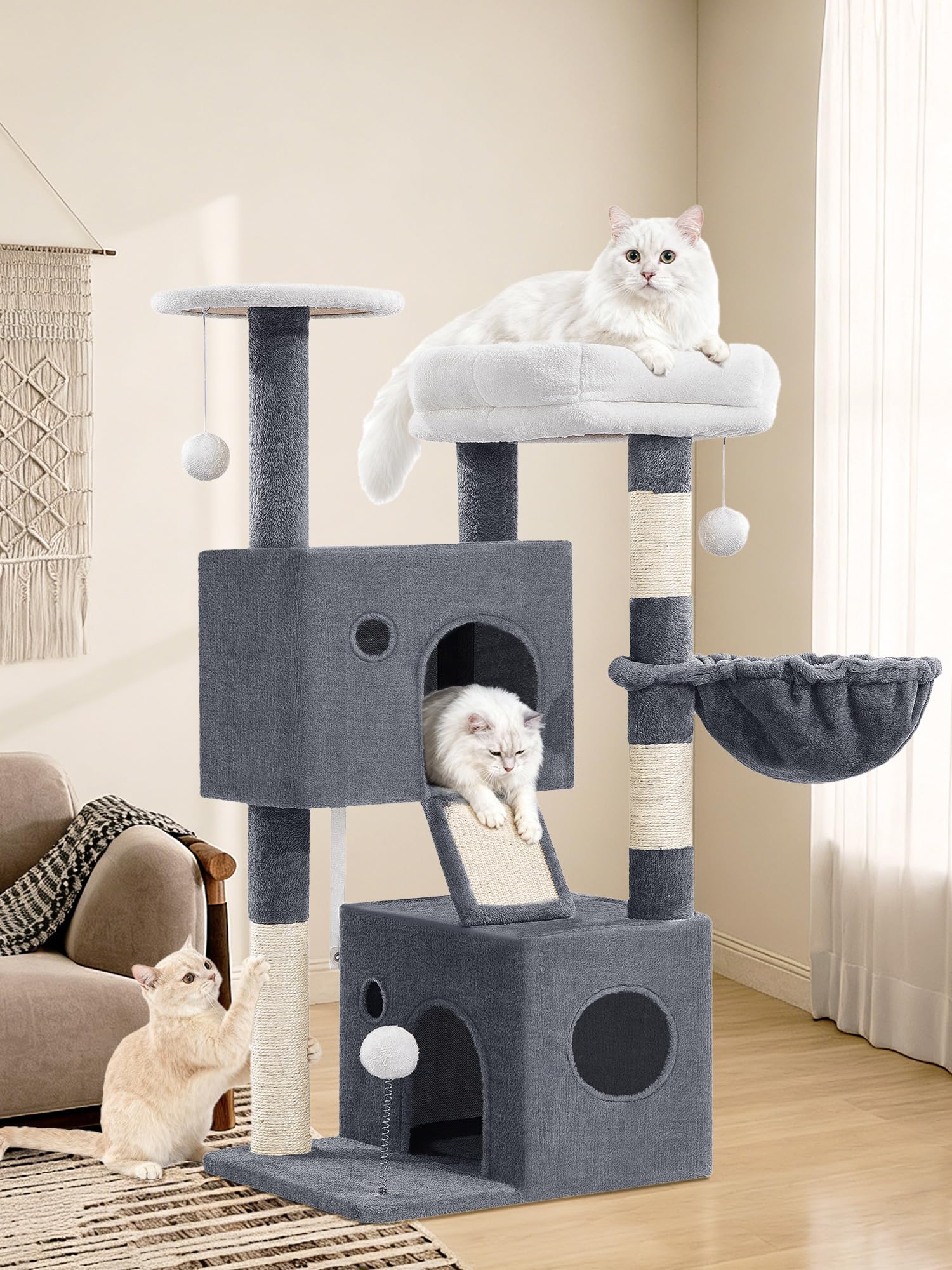 Kratzbaum für Indoor-Katzen, mehrstufiger Kletterturm mit Höhlen, Hängematte, Kratzbäume, interaktives Spielzeug, abnehmbares Kissen, 108 cm Höhe, Hellgrau