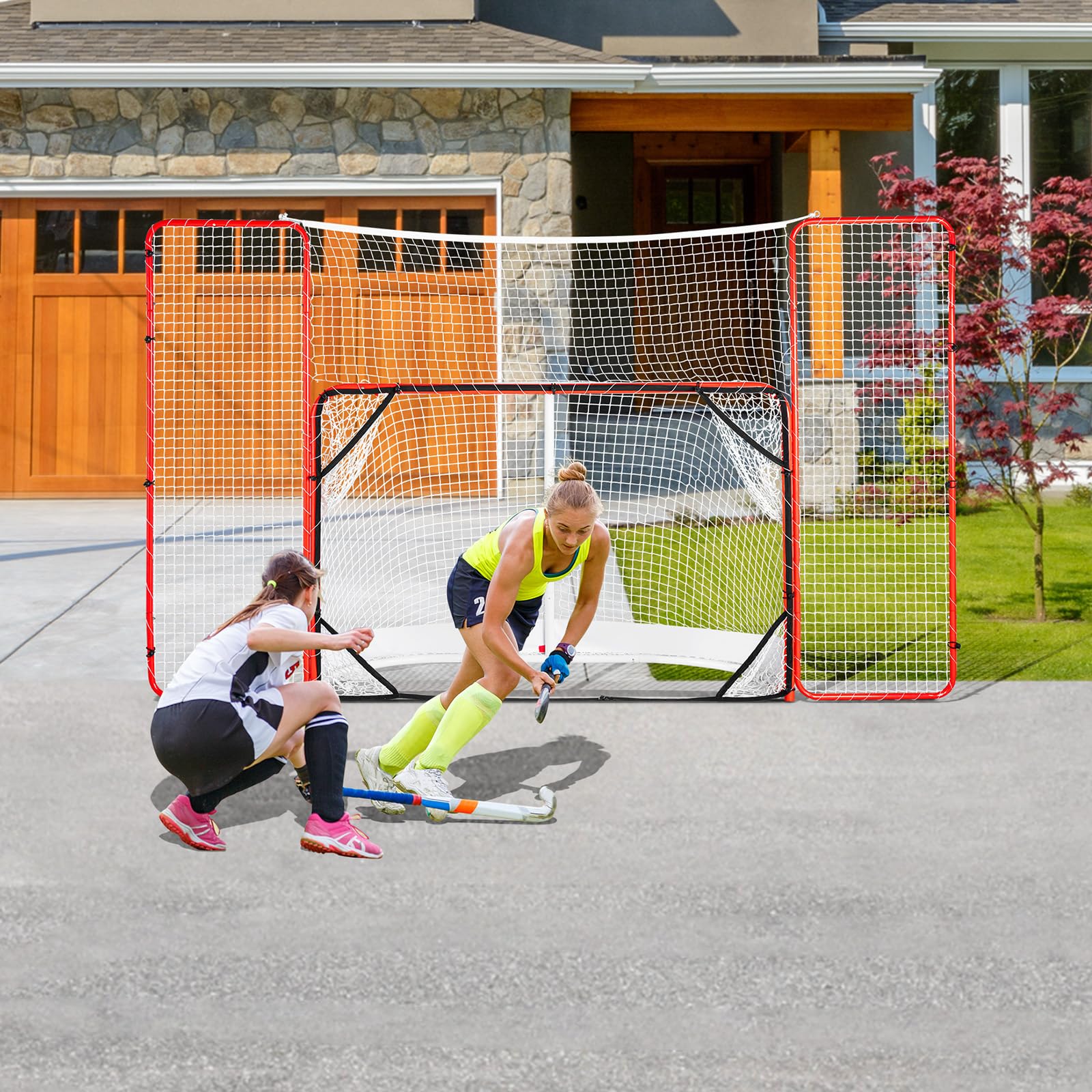 VEVOR Portería de Hockey con Protectores de Pelotas y Dianas Kit de Portero de Hockey 310x183 cm Juego de Entrenamiento de Hockey Profesional de Acero Portátil fácil Montaje, Interior y Exterior