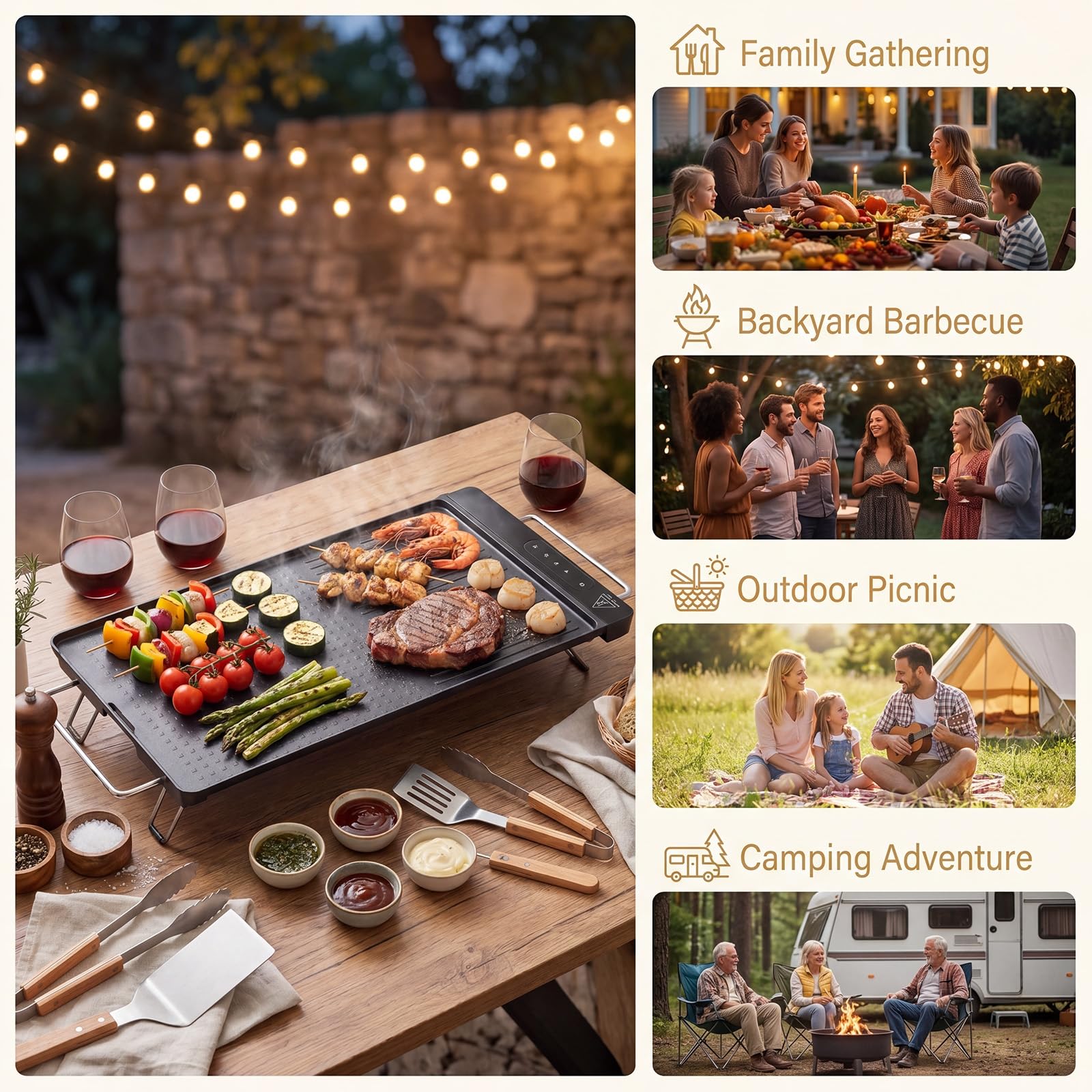 LIFEZEAL Plancha eléctrica fina 1300 W, parrilla eléctrica antiadherente con asas y pies plegables con superficie mixta, panel táctil LED y termostato ajustable, parrilla de mesa para picnic y camping