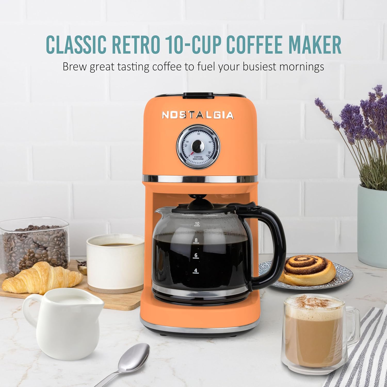 Nostalgia Classic Retro 10 Cup Coffee Maker - One-Touch Drip Brew, Reusable Filter - Anti-Drip, Auto Shutoff, & Time Display - Dishwasher Safe 50 oz Carafe - Orange