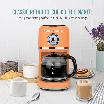 Nostalgia Classic Retro 10 Cup Coffee Maker - One-Touch Drip Brew, Reusable Filter - Anti-Drip, Auto Shutoff, Time Display - Dishwasher Safe 50 oz Carafe - Orange