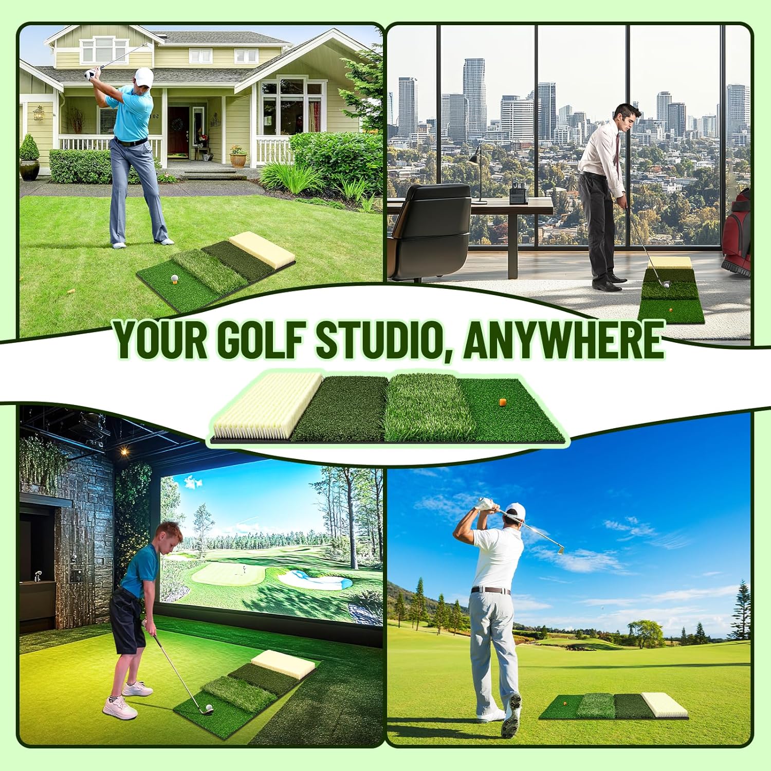 4-in-1 Golf Hitting Mat, Turf Golf Hitting Mat for Putting, Driving & Chipping, Indoor/Outdoor Portable Golf Practice Mat with Realistic Grass/Sand Surface and Tees