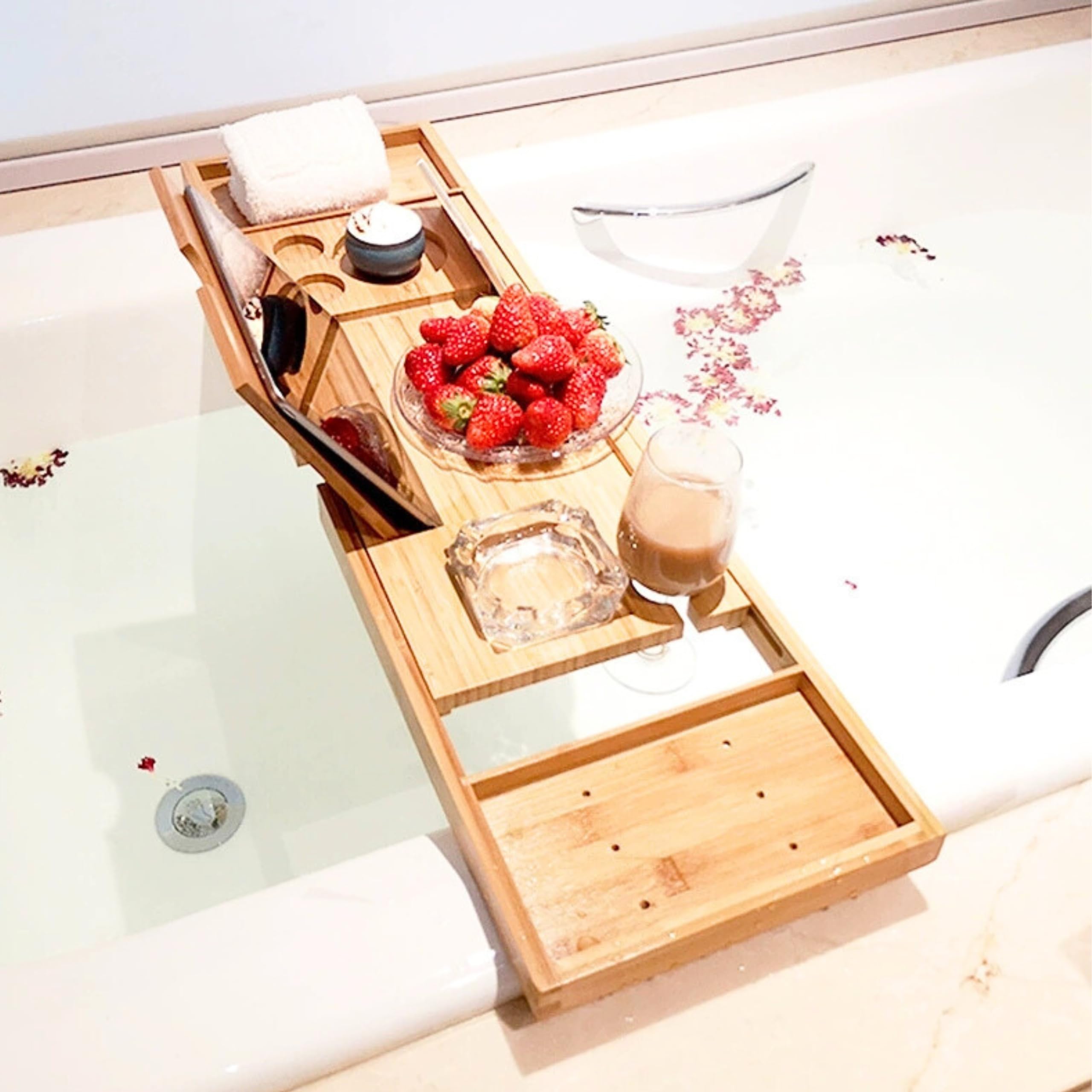AQUAUNO - Mensola allungabile per vasca da bagno in bambù, regolabile con portabevande, fermalibri e supporto per computer portatile, supporto multifunzione per vasca da bagno
