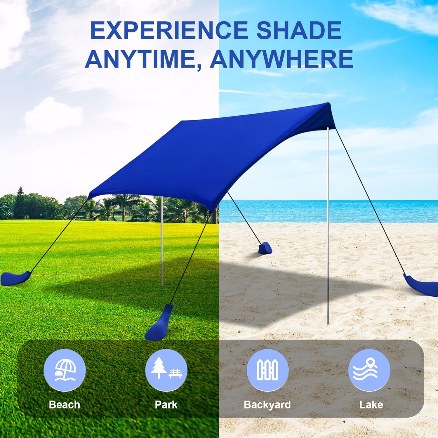 Beach Tent Sun Shelter UPF50+ with Sandbags, Sand Shovel & Windproof Poles - Portable Pop Up Canopy for Beach, Camping, Picnics, Backyard & Fishing (Royal Blue,6.9x6.5FT)