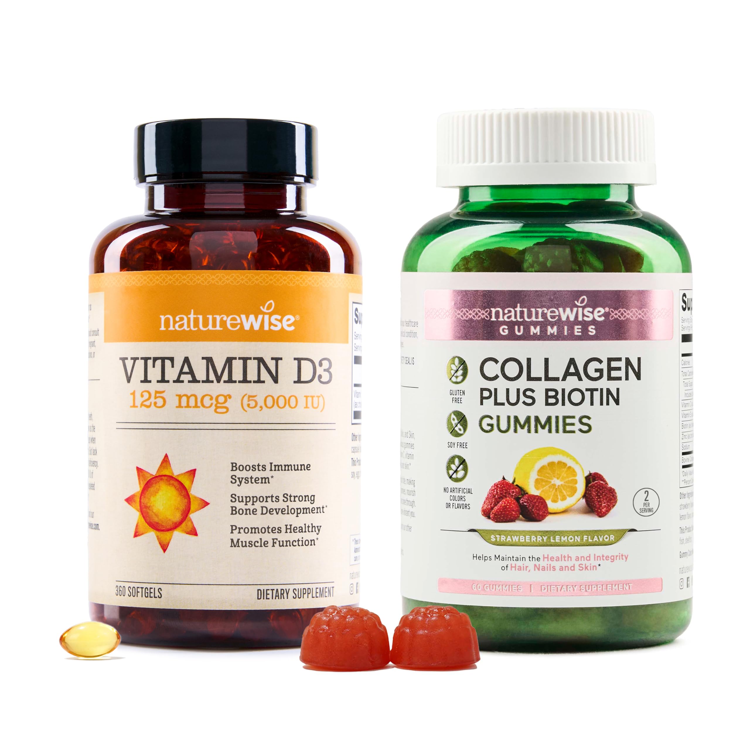 NatureWise Vitamin D3 5000IU (125mg) 360-Count + Collagen Gummies with Biotin & Vitamin C E, 60-Count - Bundle for Immune & Bone, Hair, Skin, Nails Support - Gl