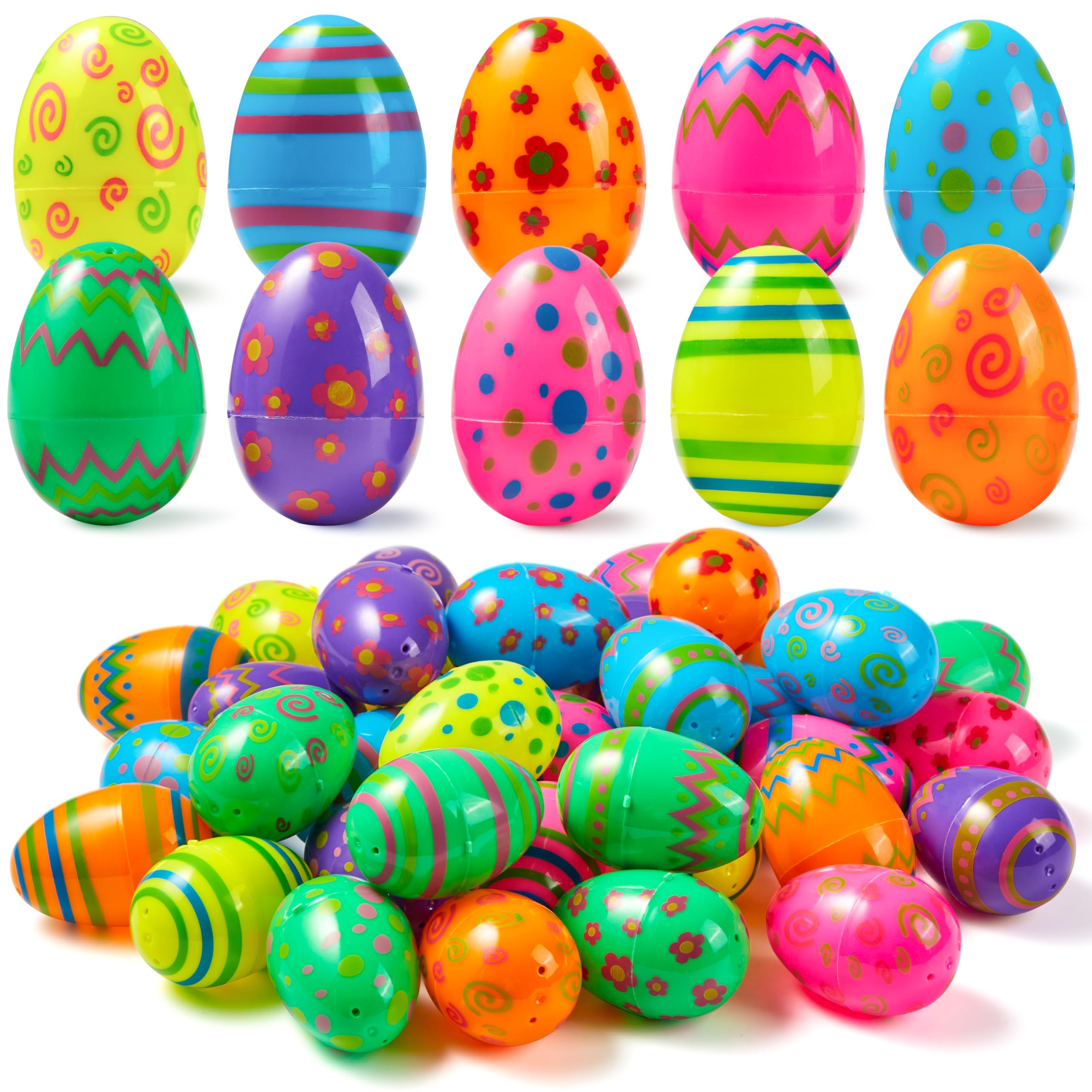 JOYIN 72PCS 2.3" Printed Empty Plastic Eggs, Bright Colorful Plastic Eggs Bulks for Festival Hunt, Filling Treats, Party Favor, Basket Stuffers, Classroom Prize Supplies