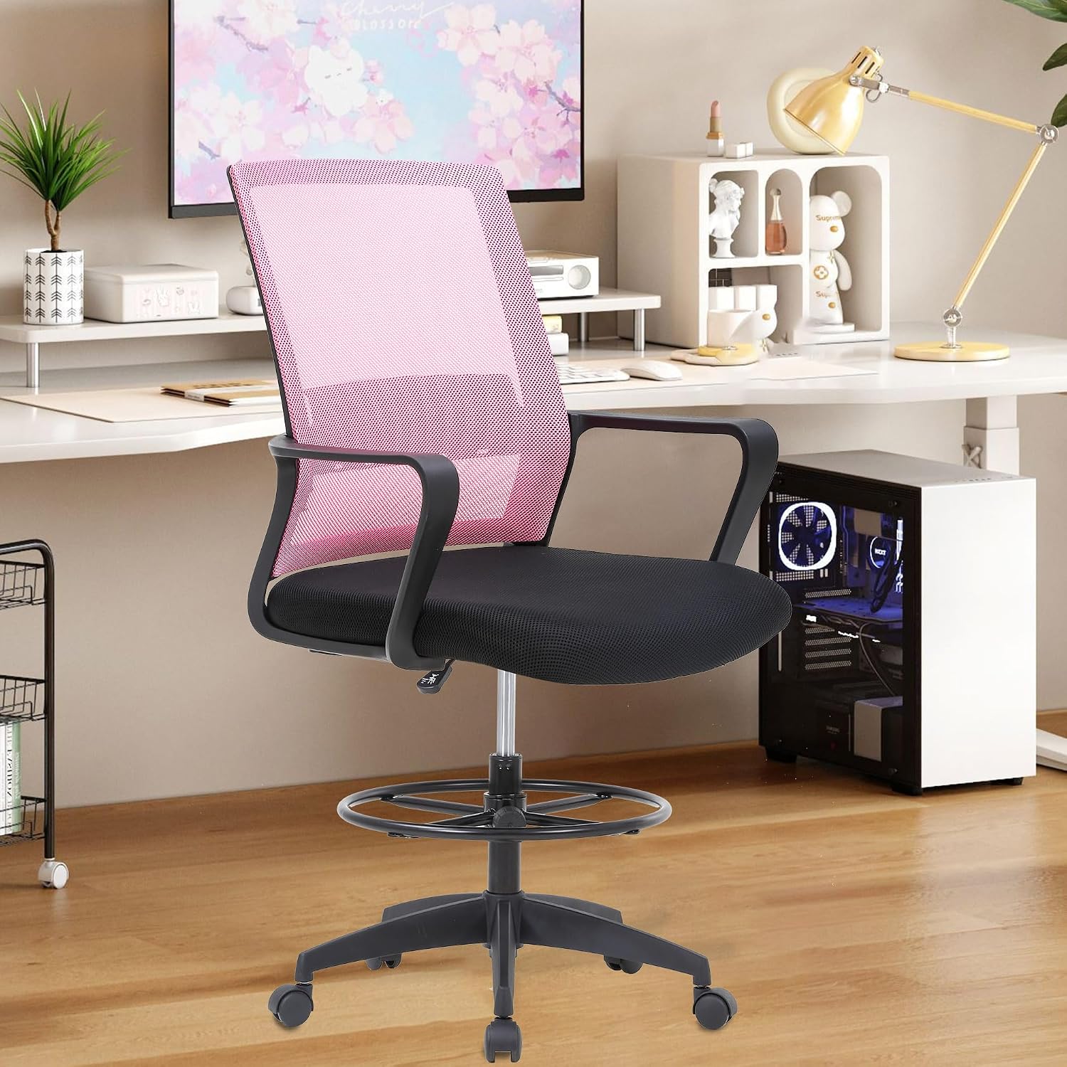 BestOffice Drafting Chair Tall Office Chair Adjustable Swivel Rolling Mesh Height with Lumbar Support Arms Footrest Mid Back for Adults Standing Desk Drafting Stool (Light Pink)