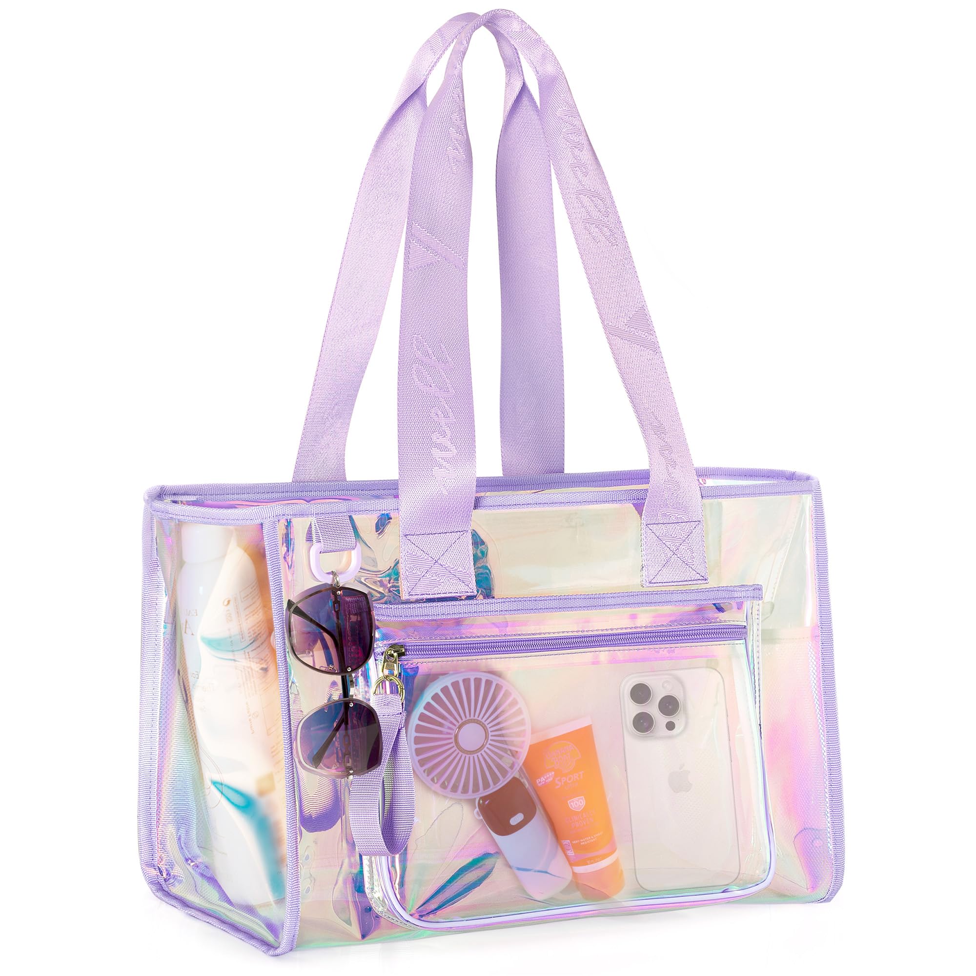 Yarwo Large Beach Bag for Women, Iridescent Tote Bag with Front Phone Pouch and Internal Pockets for Beach Pool Gym Yoga Essentials, Waterproof