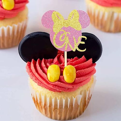 Miniatura 7 de Paquete de 24 adornos inspirados en ratones para cupcakes con purpurina de Minnie para el primer cumpleaños, baby shower, tema de Minnie para niños,