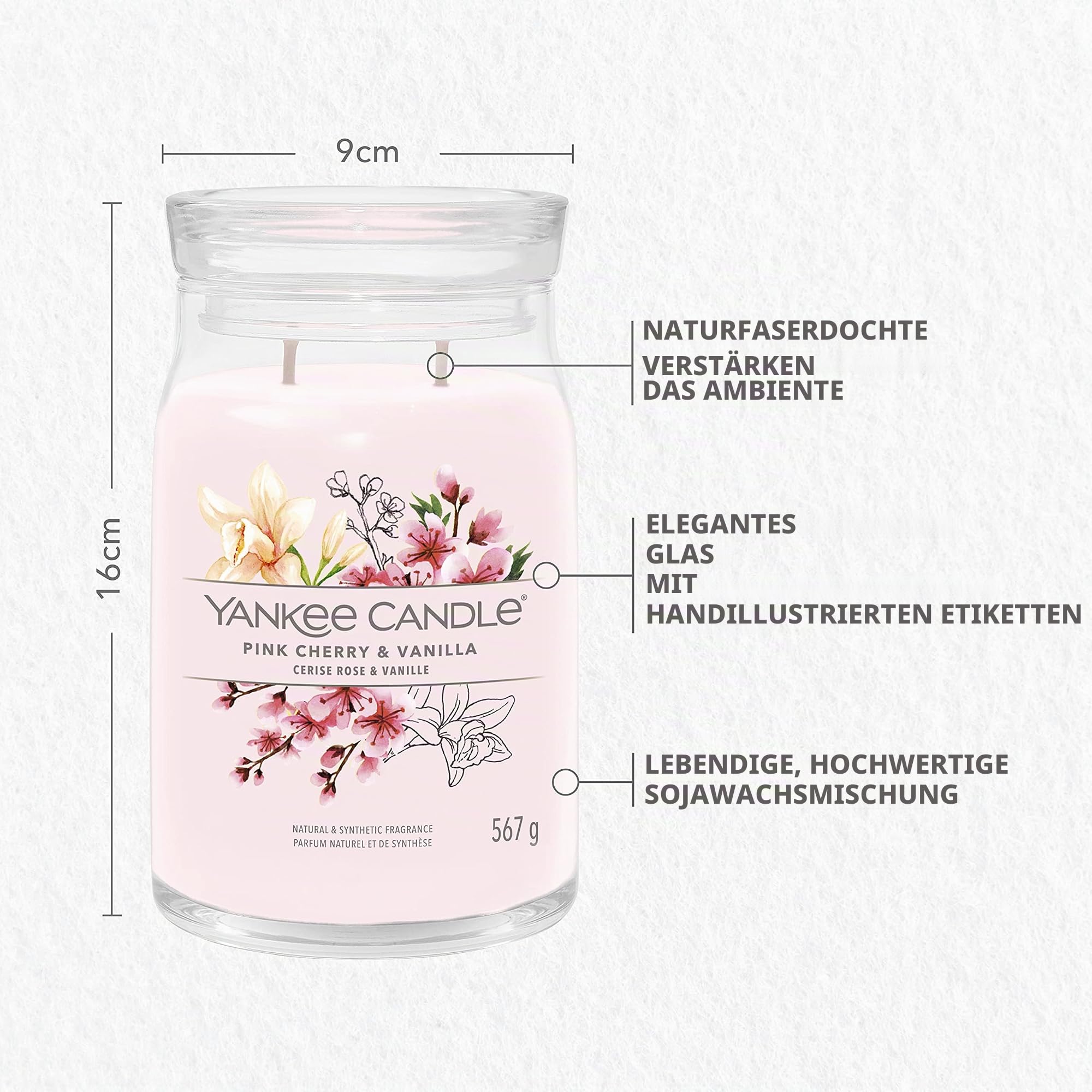 Yankee Candle Signature Duftkerze | große Kerze mit langer Brenndauer „Pink Cherry & Vanilla“ | Soja-Wachs-Mix | Perfekte Geschenke für Frauen