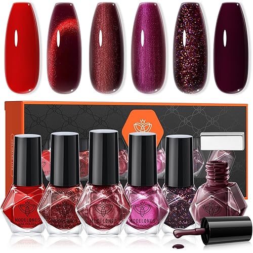 modelones Nail Polish Set 6 Colors, Dark Red Christmas Cat Eye Burgundy Glitter Quick Dry Mini Nail Lacquer Kit Magnetic Maroon Purple Cherry DIY Home Nail Art Manicure Gifts for Women Girls