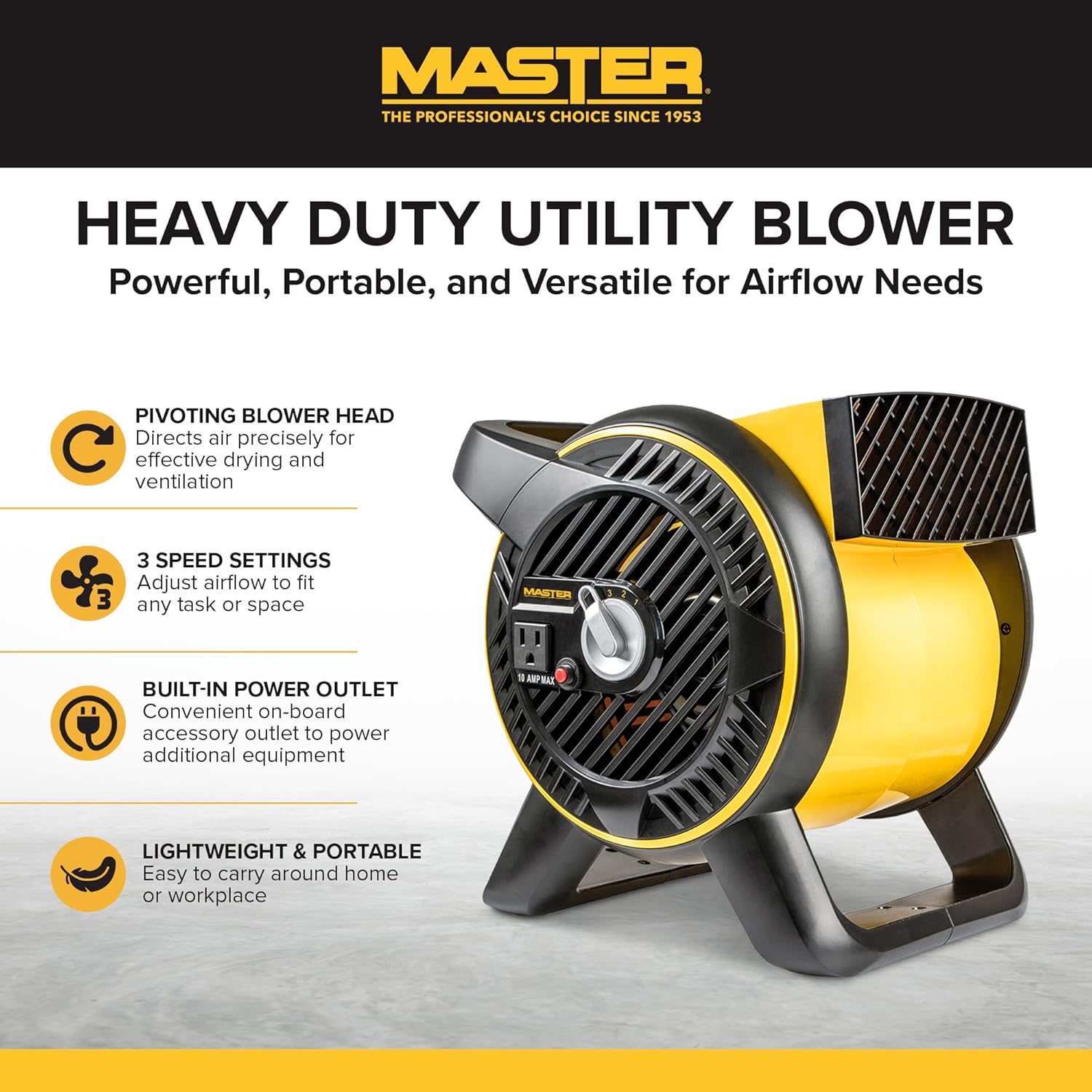 Master Heavy Duty Utility Blower, 3 Speed Portable Floor Fan with Outlet & Pivoting Head for Home & Garage Cooling, Drying and Air Circulation
