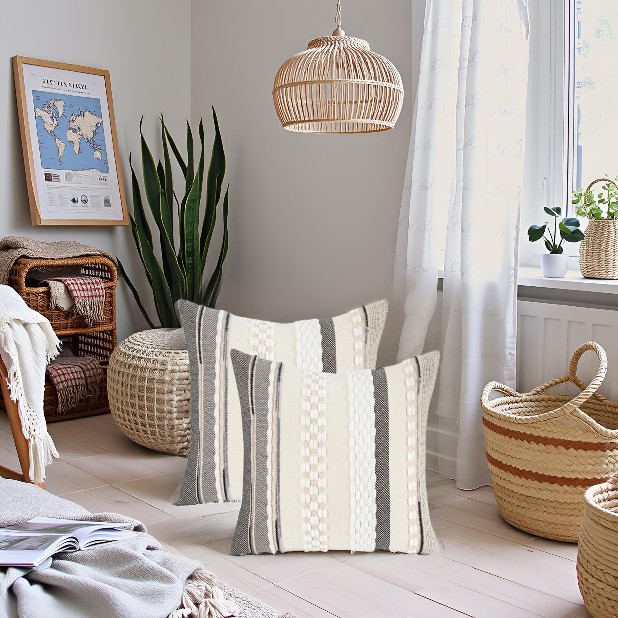 Tosleo Boho Throw Pillow Covers 18x18 Set of 2 Striped Decorative Pillow Cases Accent Chenille Pillowcases Farmhouse Cushion Case Bohemian Nuetral Textured Pillow Cover,White - Image 4