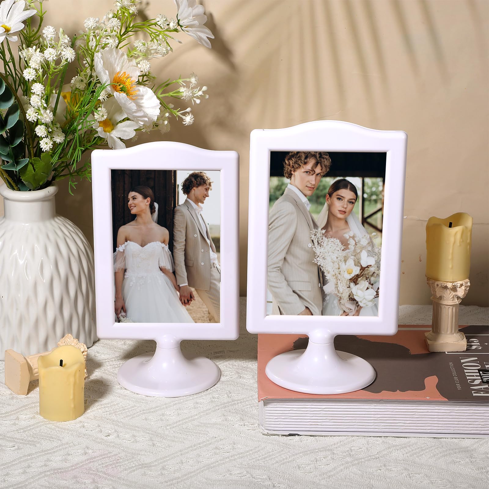 12 marcos de fotos de pie de doble cara, marco de fotos de pedestal de plástico de 4 x 6 pulgadas con base, soporte de exhibición de mesa para menú de boda, número de mesa