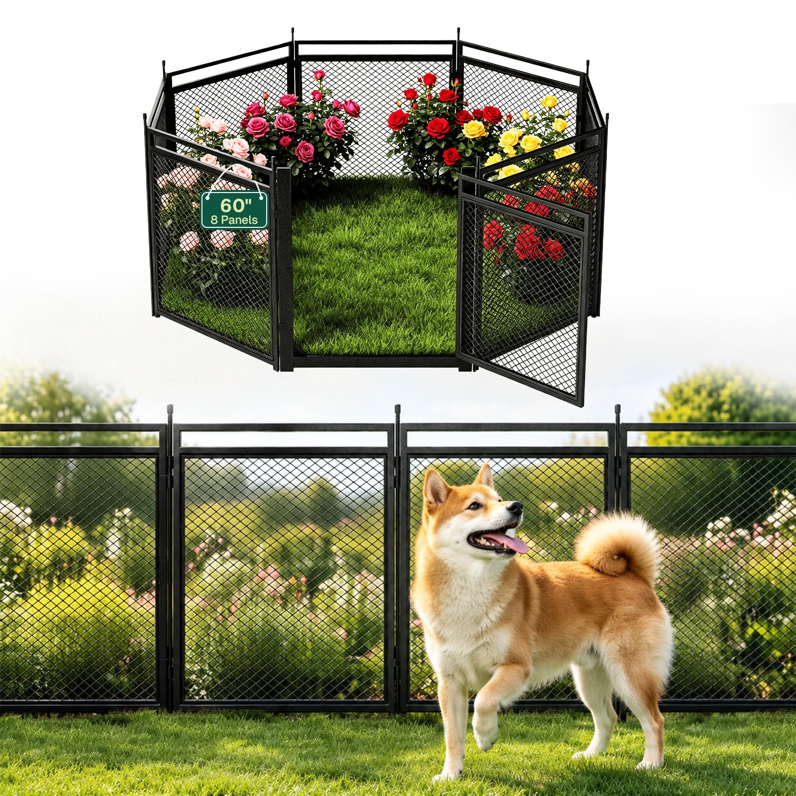 Garden Fence Animal Barrier, 24inch 8 Panels Rustproof Metal Fence Panels for Yard, Gapless Mesh Decorative Garden Fencing Border, Temporary Dog Fence Outdoor for Yard, Patio Flower Bed Edging