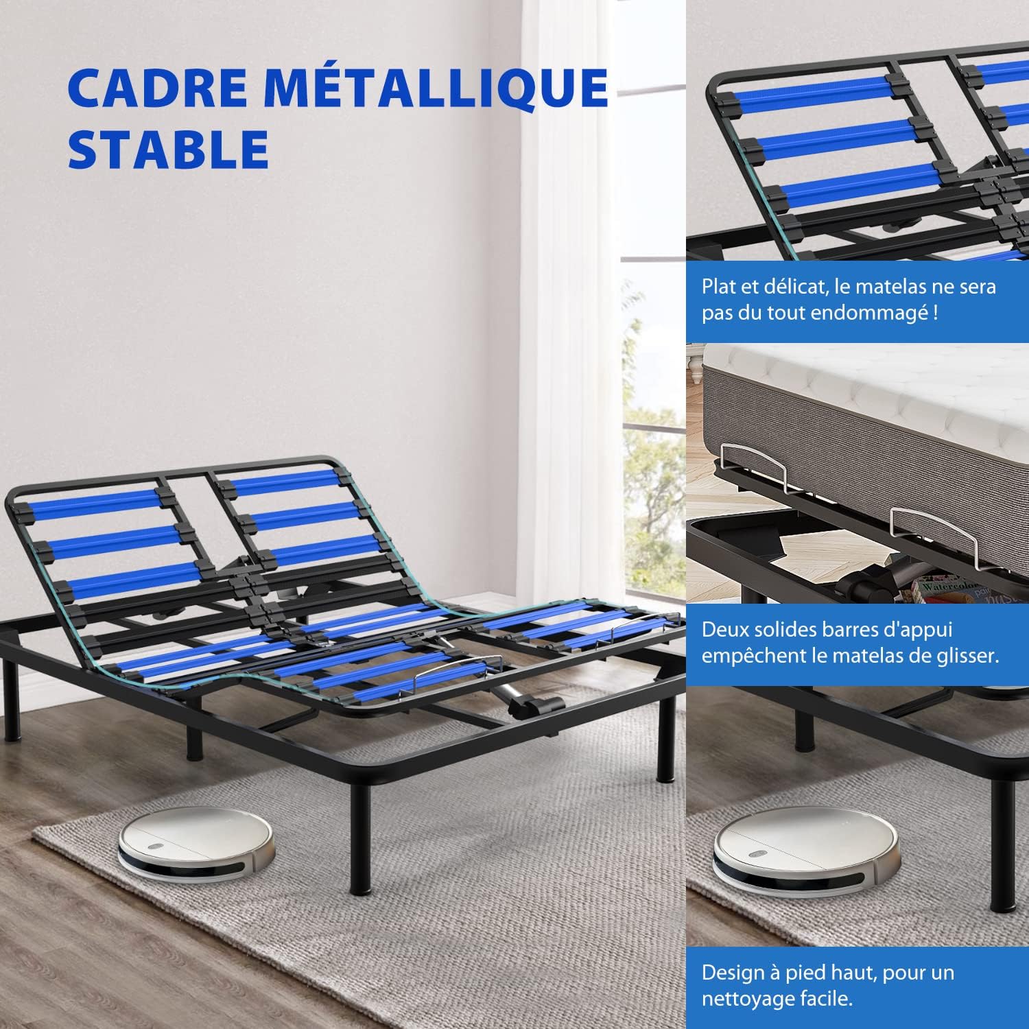 Stable metal frame of Furgle bed base with high feet and mattress retention bars