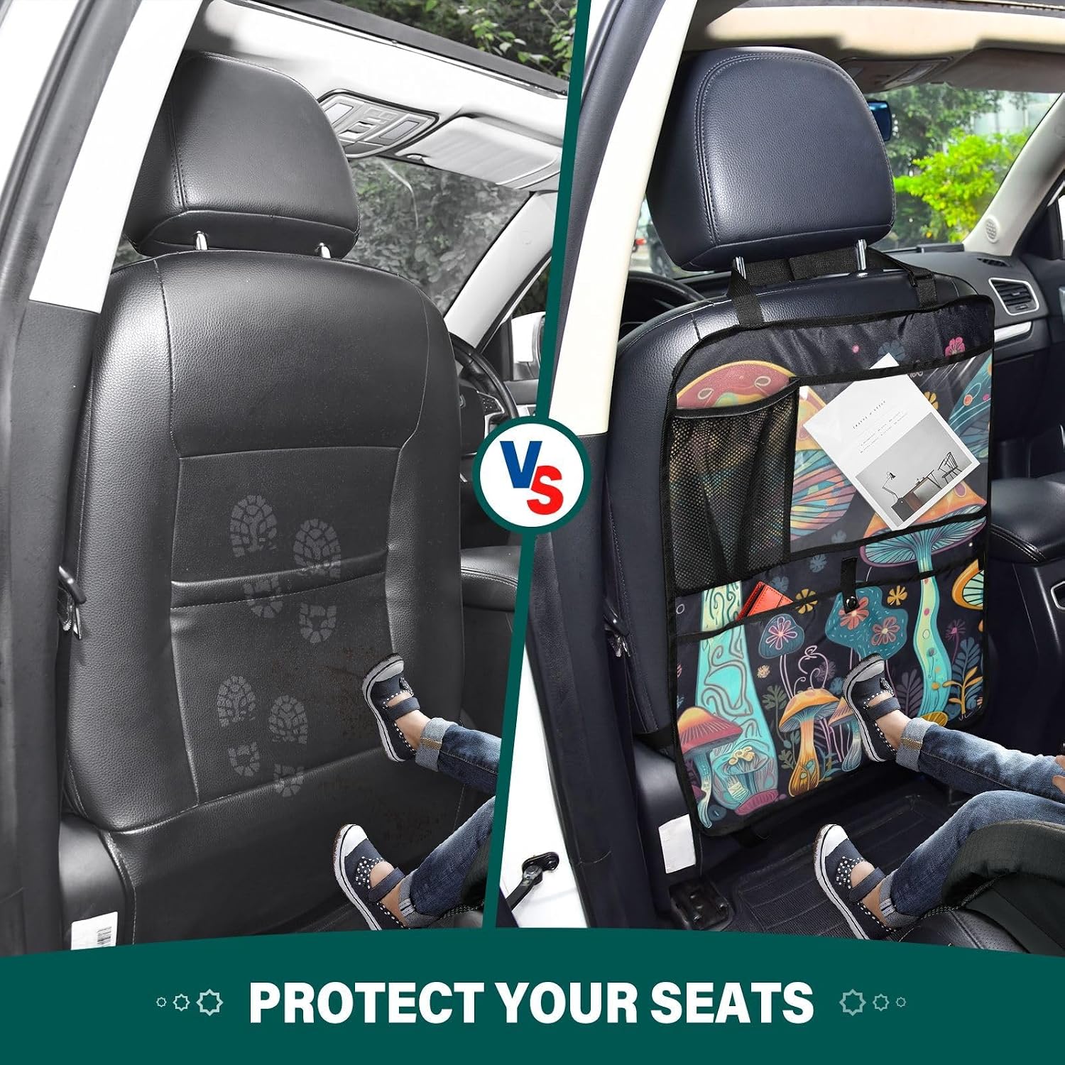 Car Seat Back Kick Mats Fantasy Tall Mushroom Print, Seatback Protector with Pockets for Tablet Bottle Tissue Book, Auto Storage Organizers 25x18 IN 2 Pack