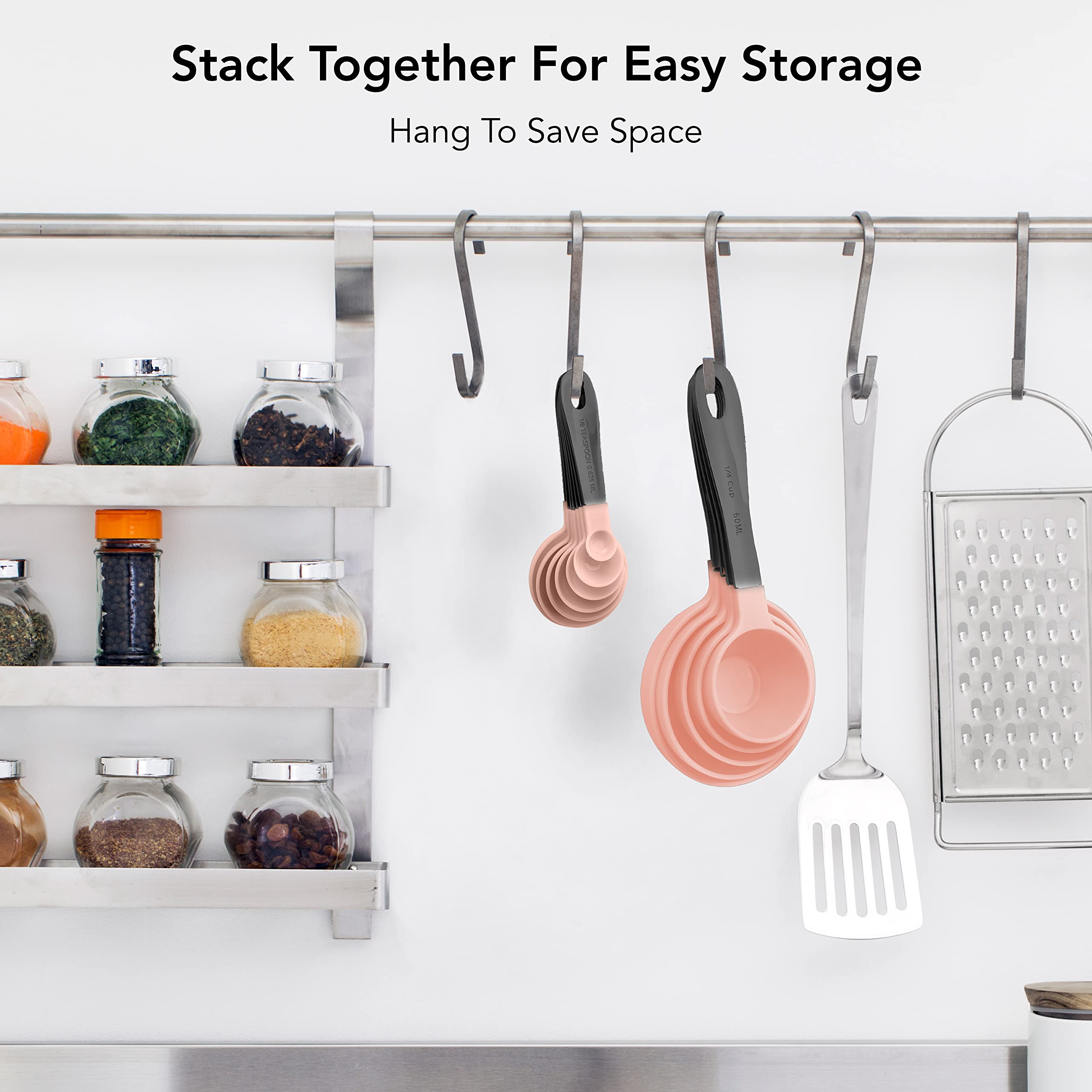 Country Kitchen 12 PC Measuring Cups Set and Measuring Spoon Set/Gunmetal Stainless Steel Handles/Nesting Kitchen Measuring Set/Liquid Measuring Cup Set/Dry Measuring Cup Set (Pink)