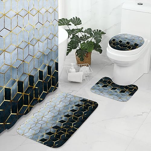 Miniatura 2 de Gibelle Juego de 4 cortinas de ducha de baño con alfombras antideslizantes, cubierta para tapa de inodoro y tapete de baño, líneas cúbicas doradas